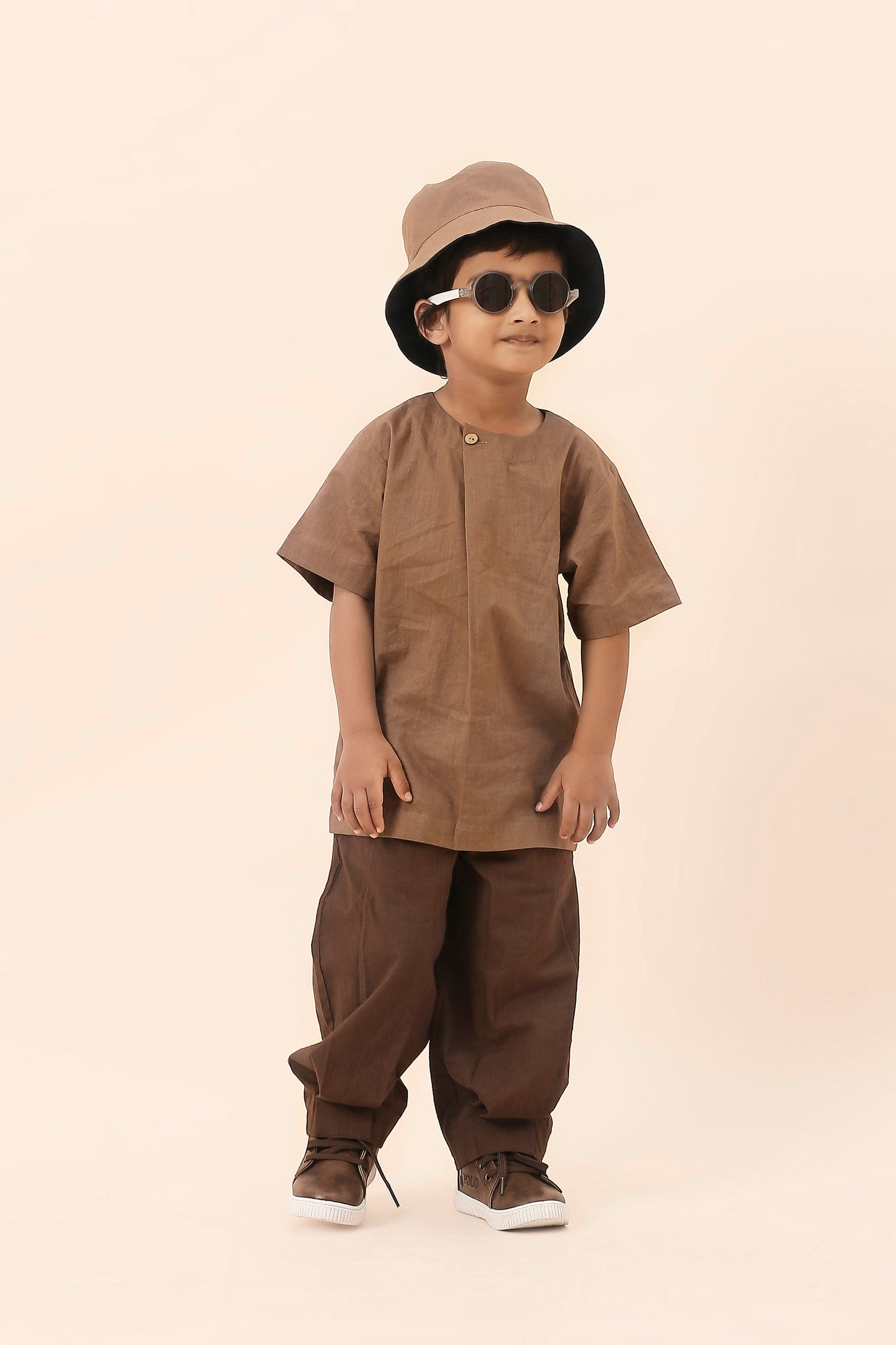 Mati Outfit Sets Mini MATI Boys Overlap Shirt & Trouser Set - Beige & Brown (2 PCS)