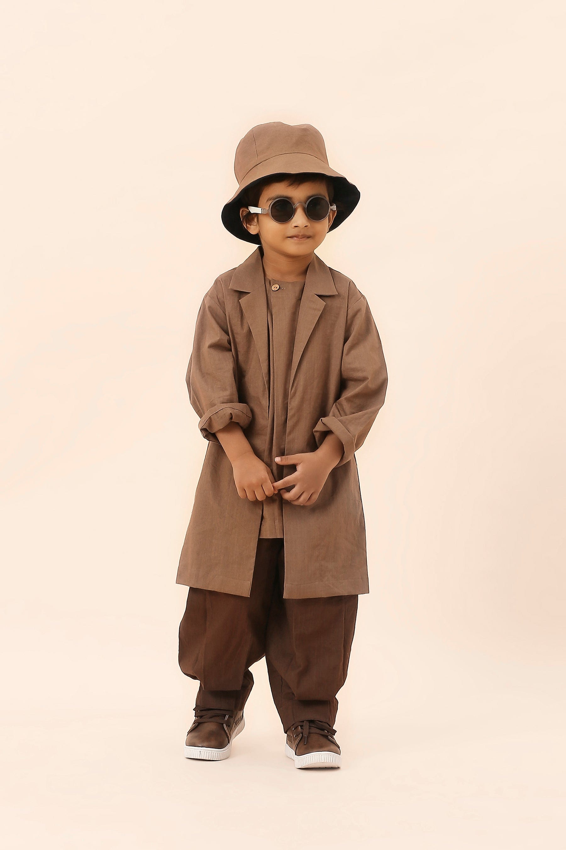 Mati Outfit Sets Mini MATI Boys Overlap Trouser Jacket Set - Beige & Brown (3 PCS)