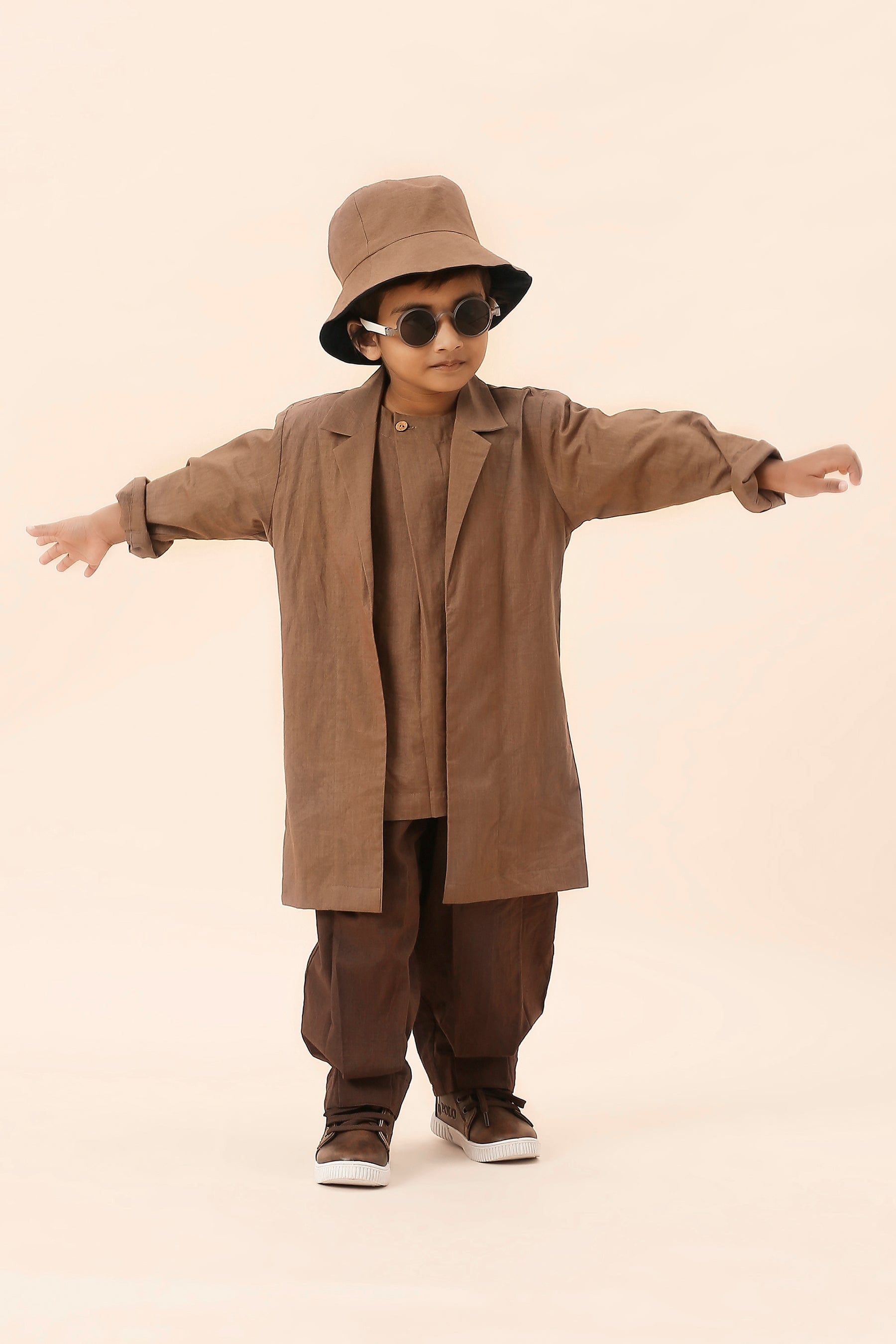 Mati Outfit Sets Mini MATI Boys Overlap Trouser Jacket Set - Beige & Brown (3 PCS)