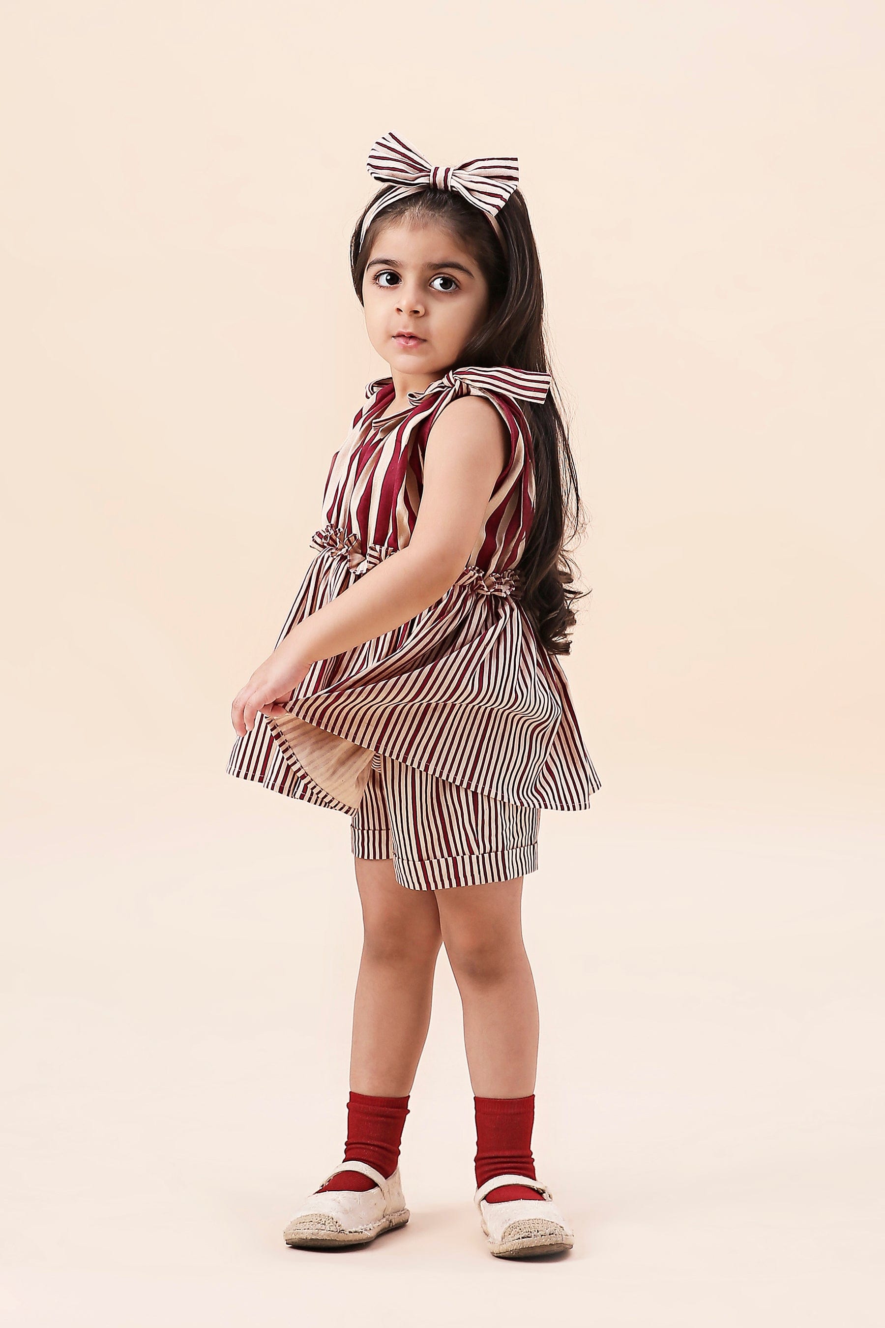 Mati Outfit Sets Mini MATI Girls Ivory With Mauve Striped Frill Top and Shorts Co-Ord Set (2 PCS)
