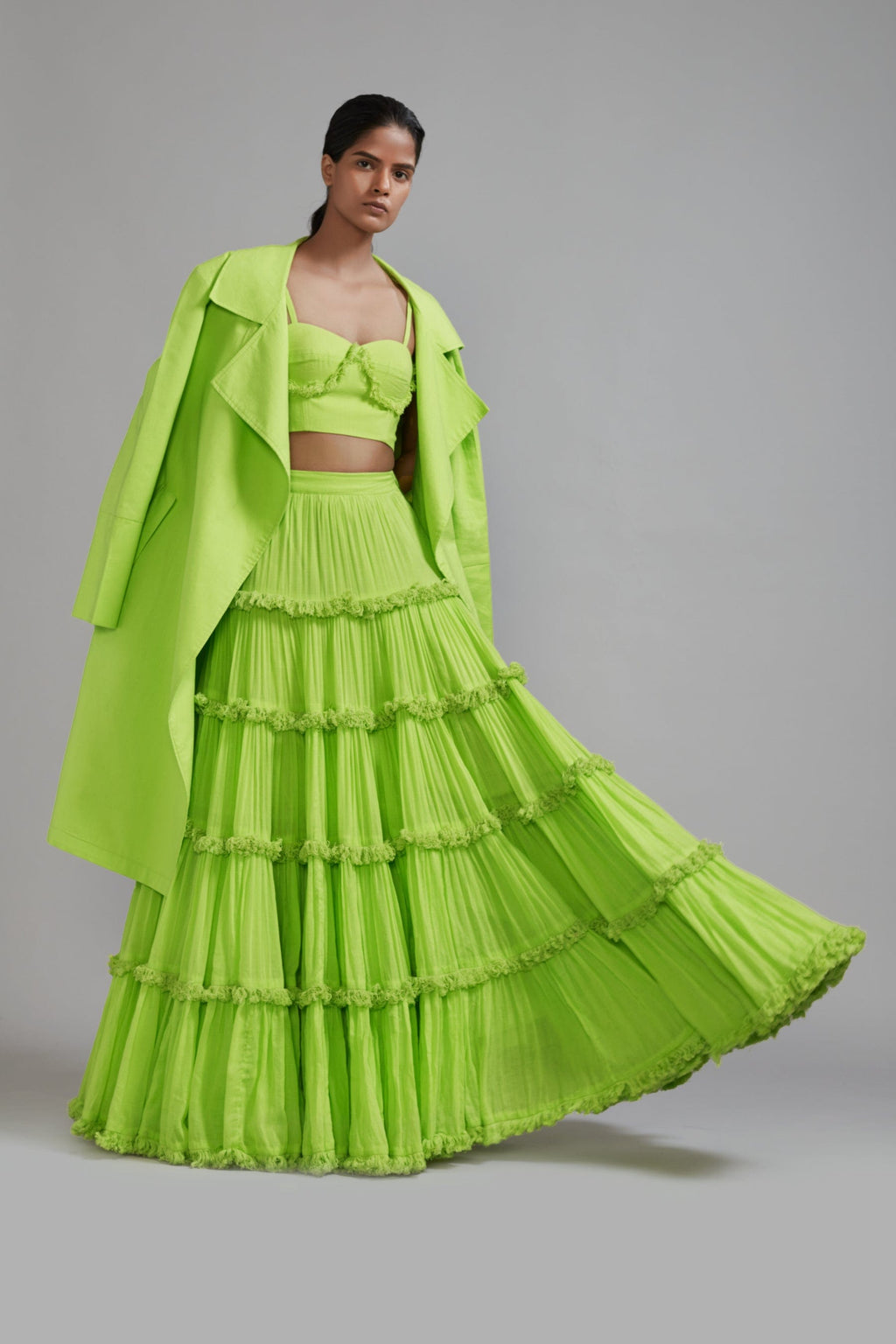 Mati Outfit Sets Neon Green Fringed Tiered Lehenga Jacket Set (3 PCS)