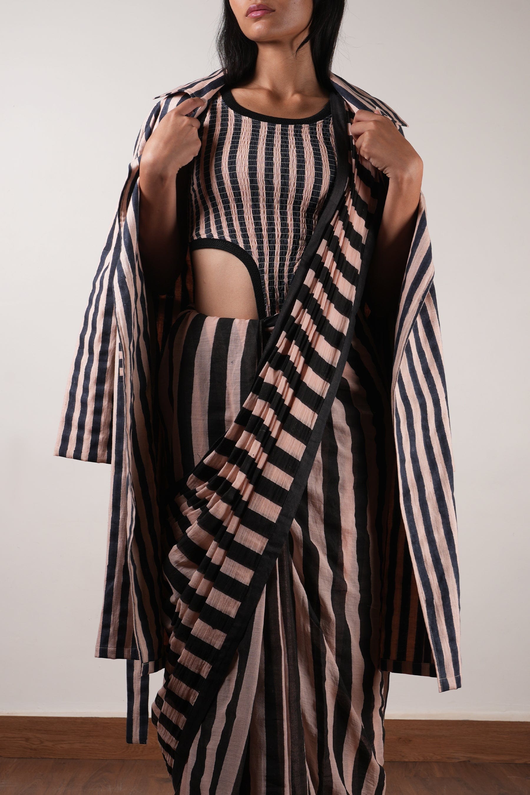 Mati Outfit Sets Pink with Charcoal Block Printed Smocked Bodysuit, Saree & Trench Jacket Set (3 PCS)