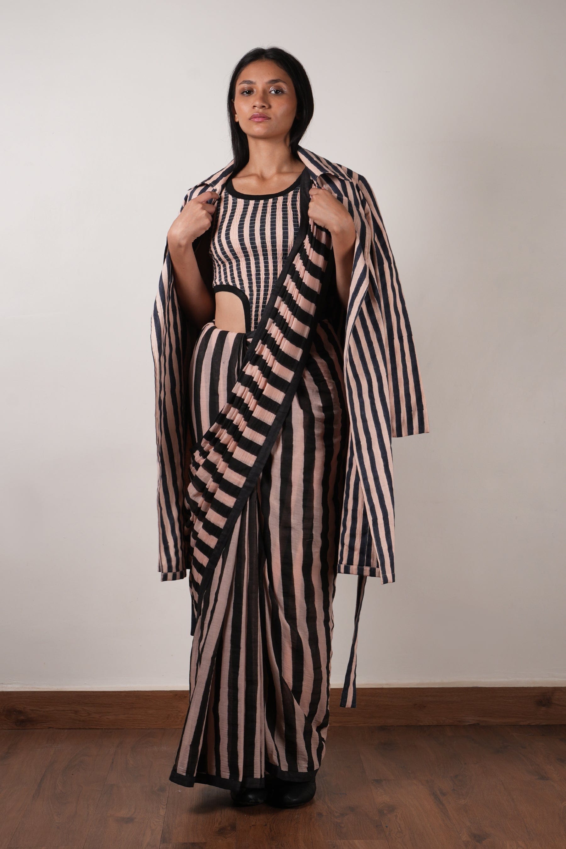 Mati Outfit Sets Pink with Charcoal Block Printed Smocked Bodysuit, Saree & Trench Jacket Set (3 PCS)