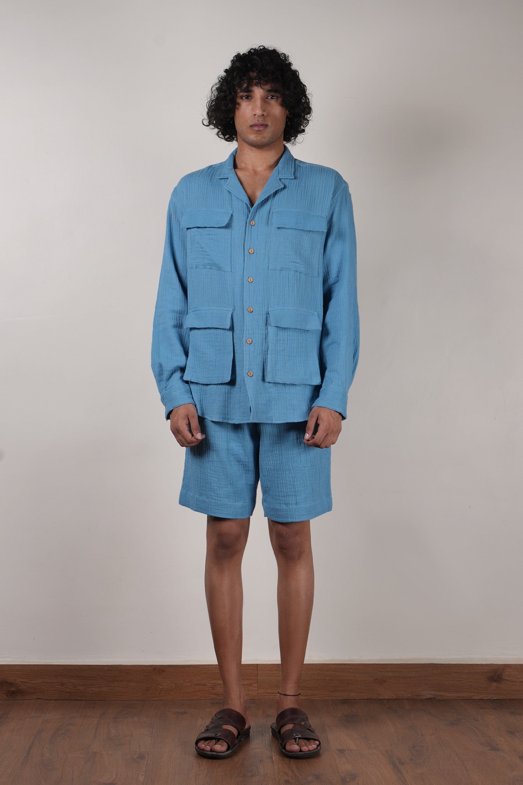 Mati Outfit Sets S Men's Blue Crush Cotton Pocket Shirt & Shorts Set (2 PCS)