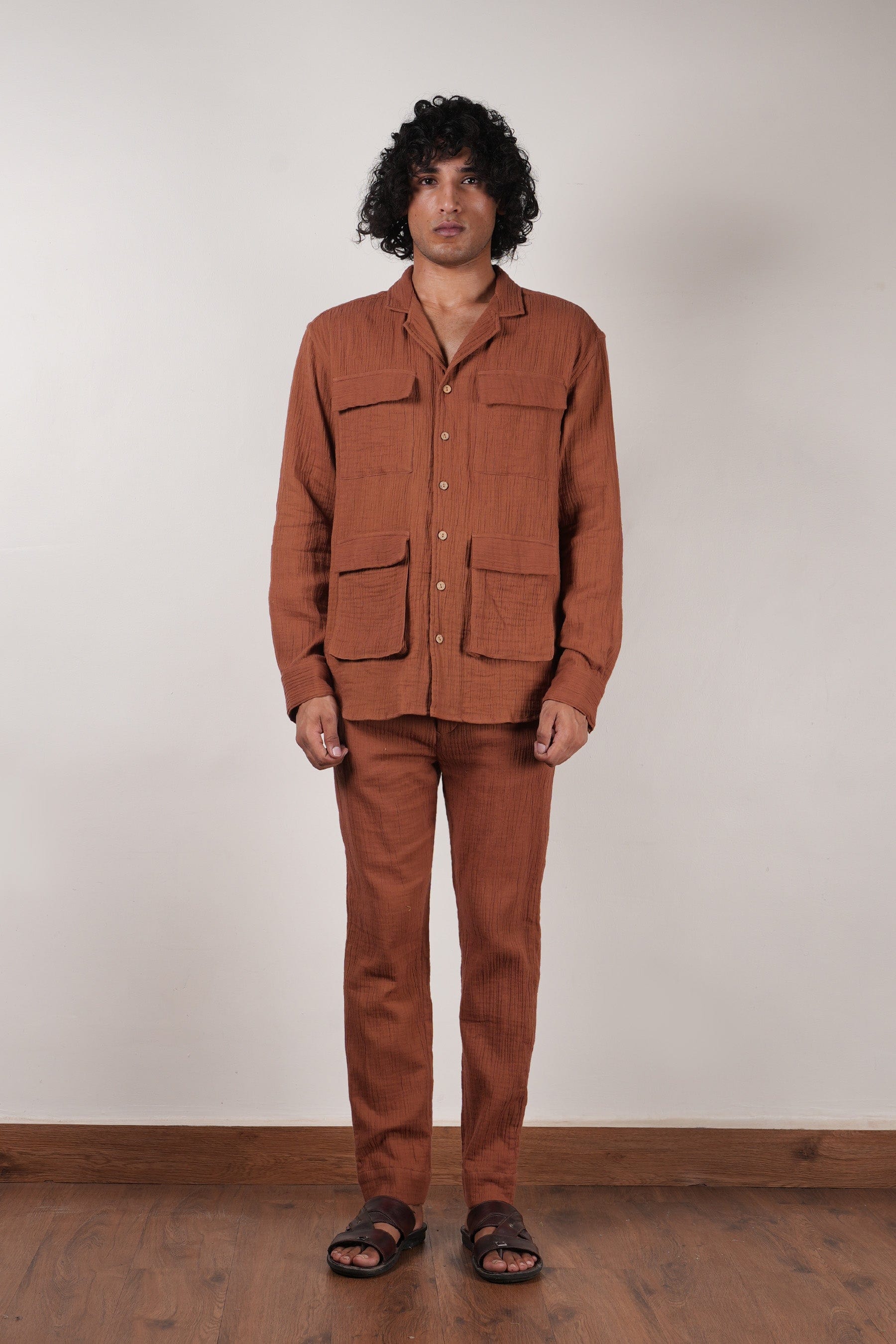 Mati Outfit Sets S Men's Brown Crush Cotton Pocket Shirt & Pant Set (2 PCS)