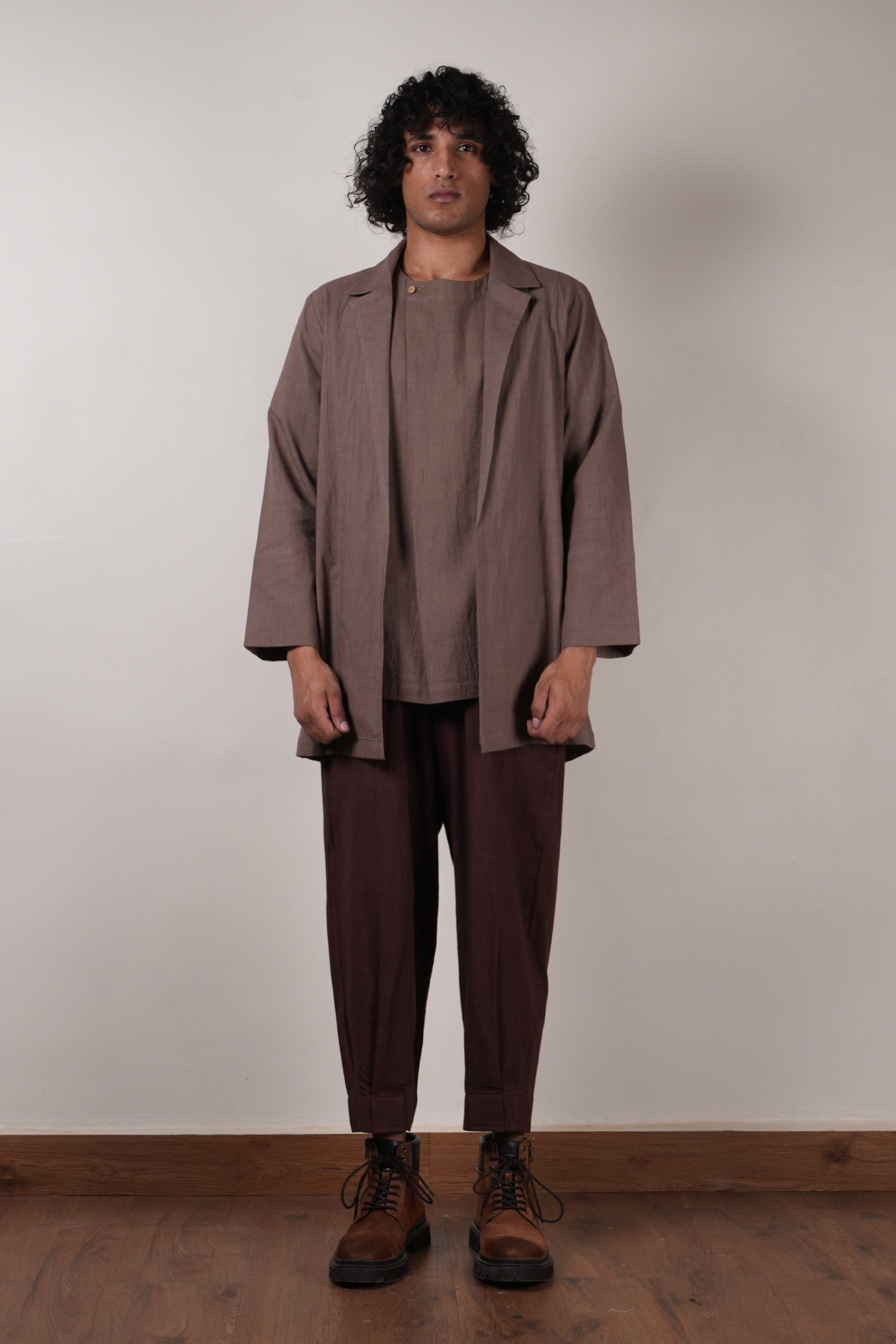 Mati Outfit Sets S Men's Overlap Trouser Jacket Set - Beige & Brown (3 PCS)