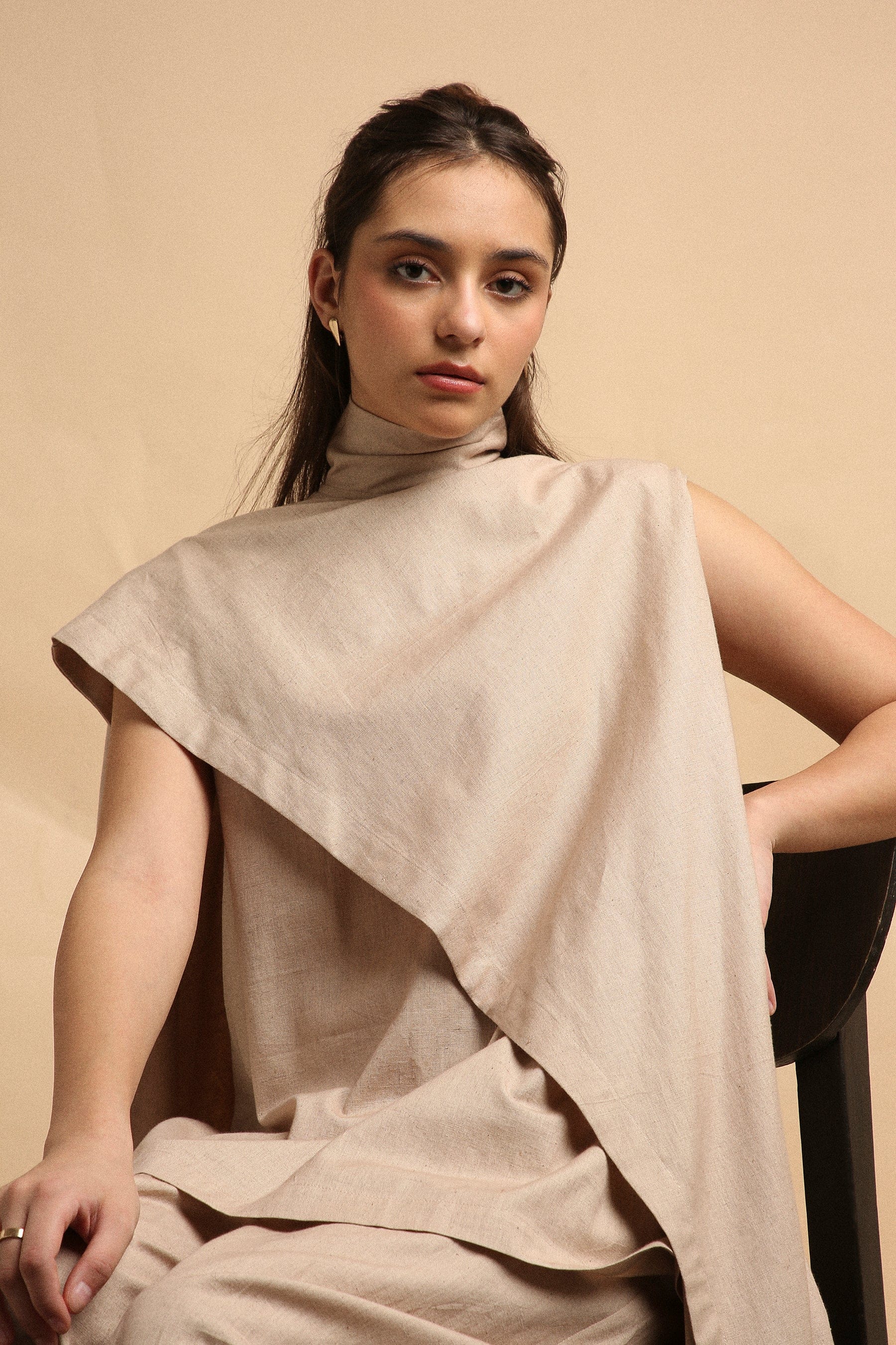 Handwoven cotton Toga tunic and pleated pants co-ord set in sand with high-low hem and side pockets, by MATI India