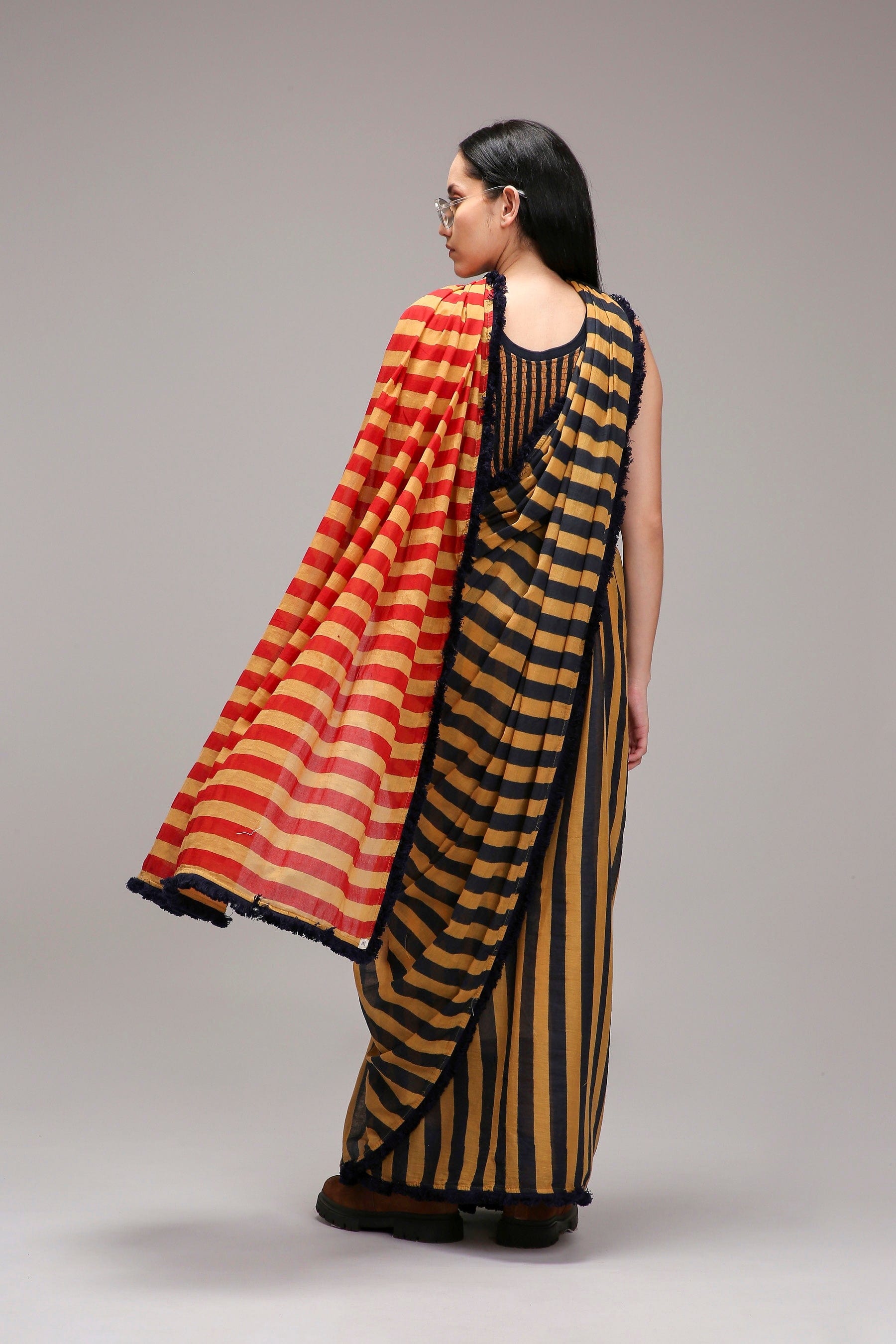 Mati Outfit Sets Tan-Brown Bodysuit & Dual Striped Saree Set (2 PCS)