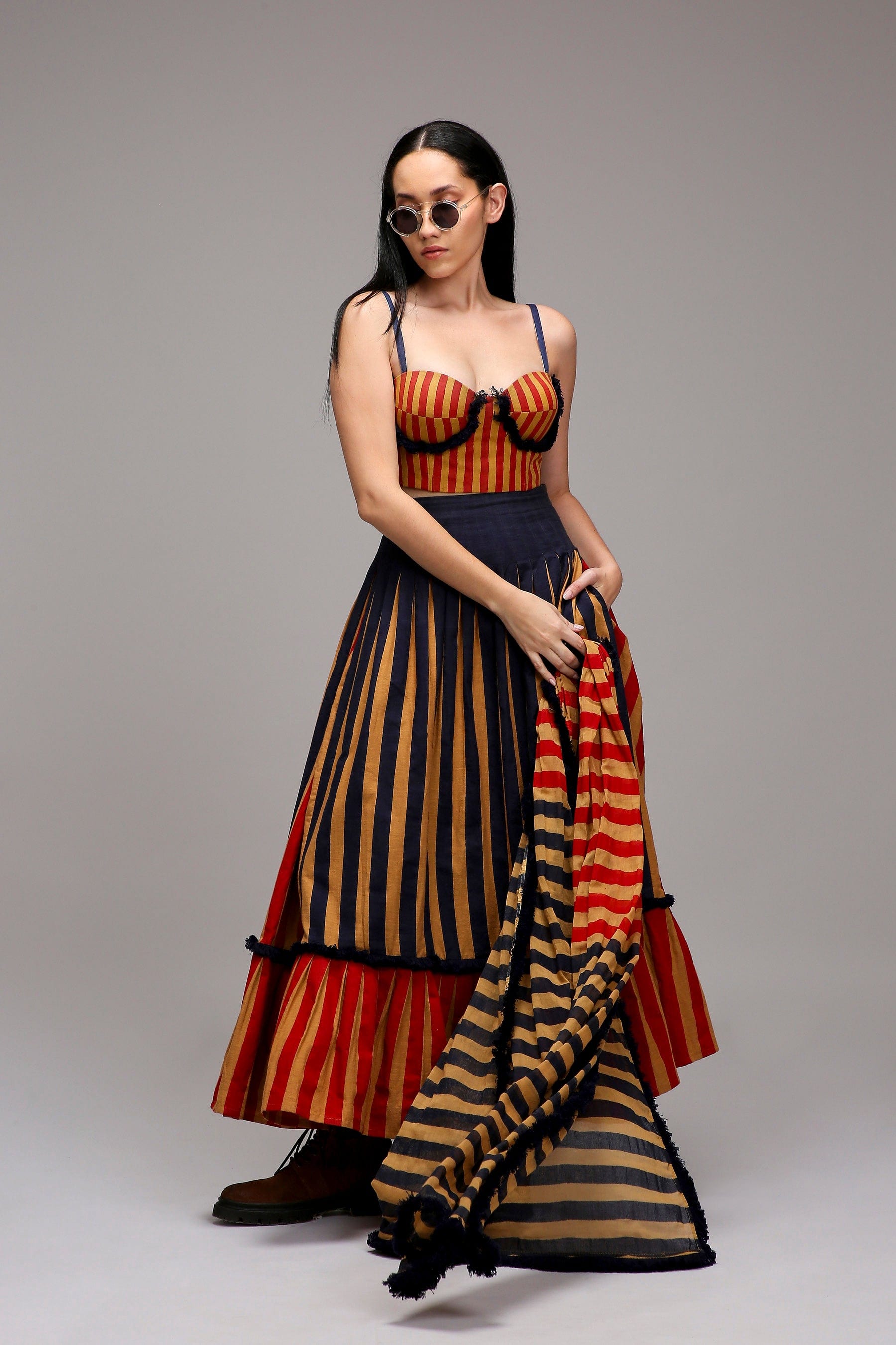 Mati Outfit Sets Tan-Brown Corset Dual Striped Stole Skirt Set (3 PCS)