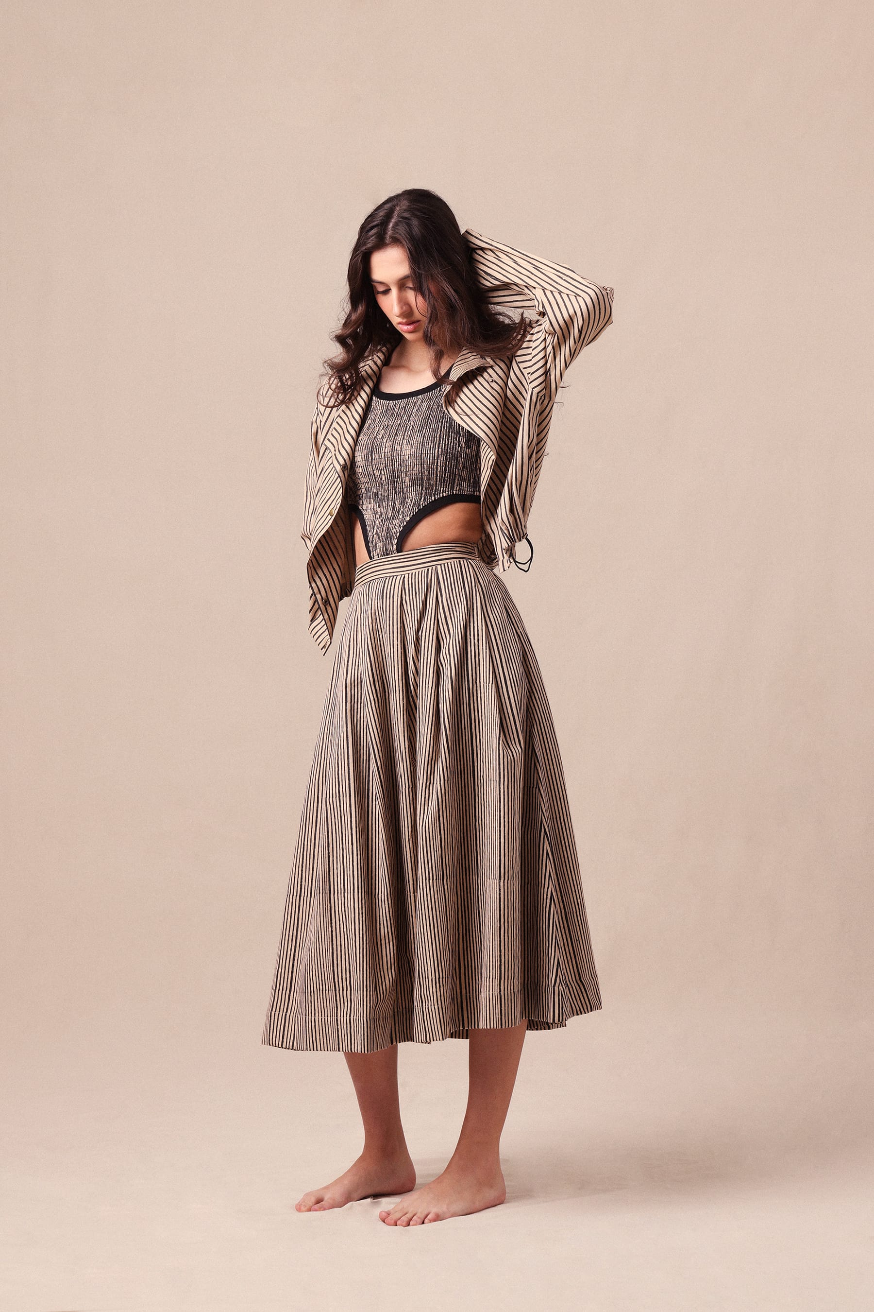 Mati Outfit Sets XS Charcoal Striped Bodysuit Box Pleated Skirt and Crop Jacket Co-Ord Set (3 PCS)