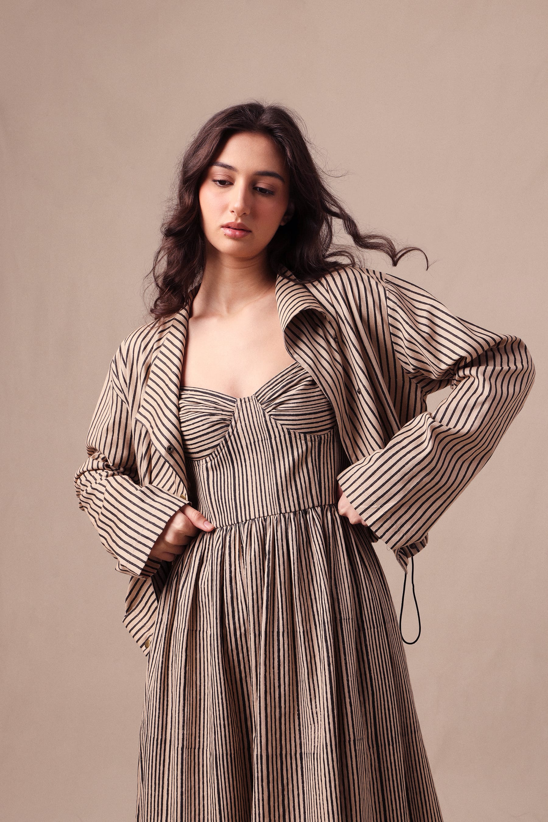 Mati Outfit Sets XS Charcoal Striped Corset Dress & Crop Jacket Set (2 PCS)
