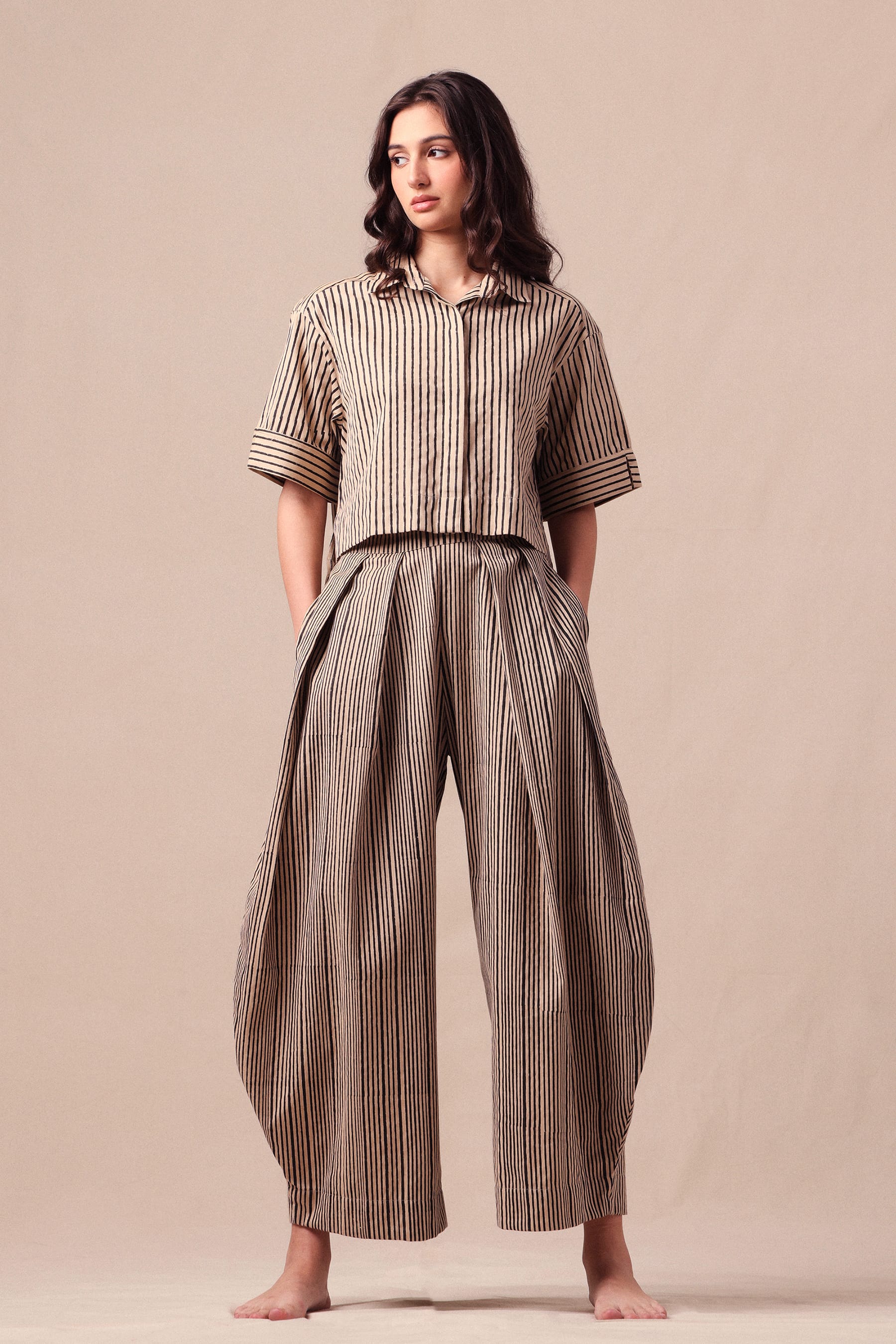 Mati Outfit Sets XS Charcoal Striped Ekin Crop Shirt & Barrel Pants Co-Ord Set (2 PCS)