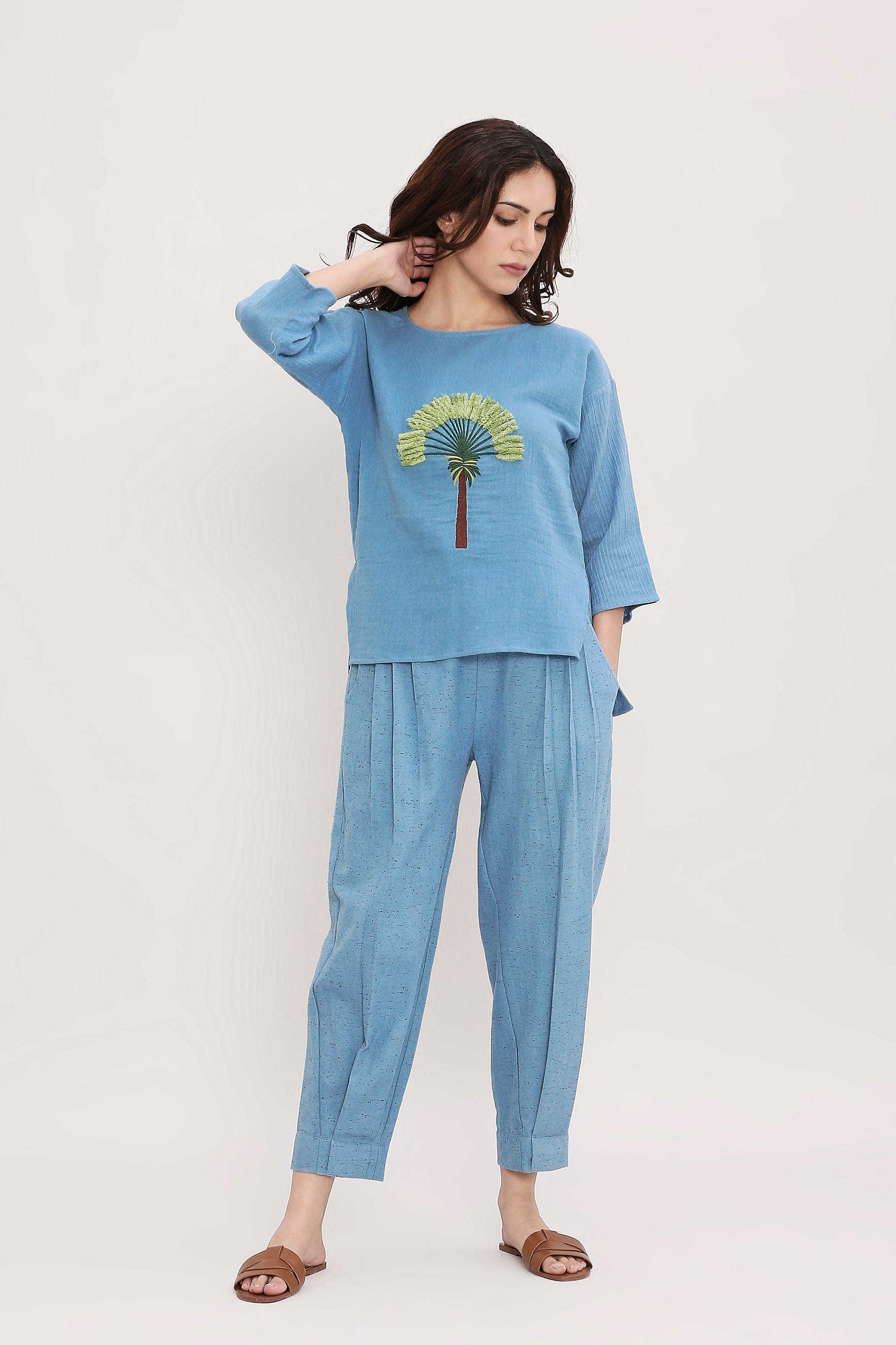 Mati Outfit Sets XS Coco Blue Embroidered Top & Pants Set (2 PCS)