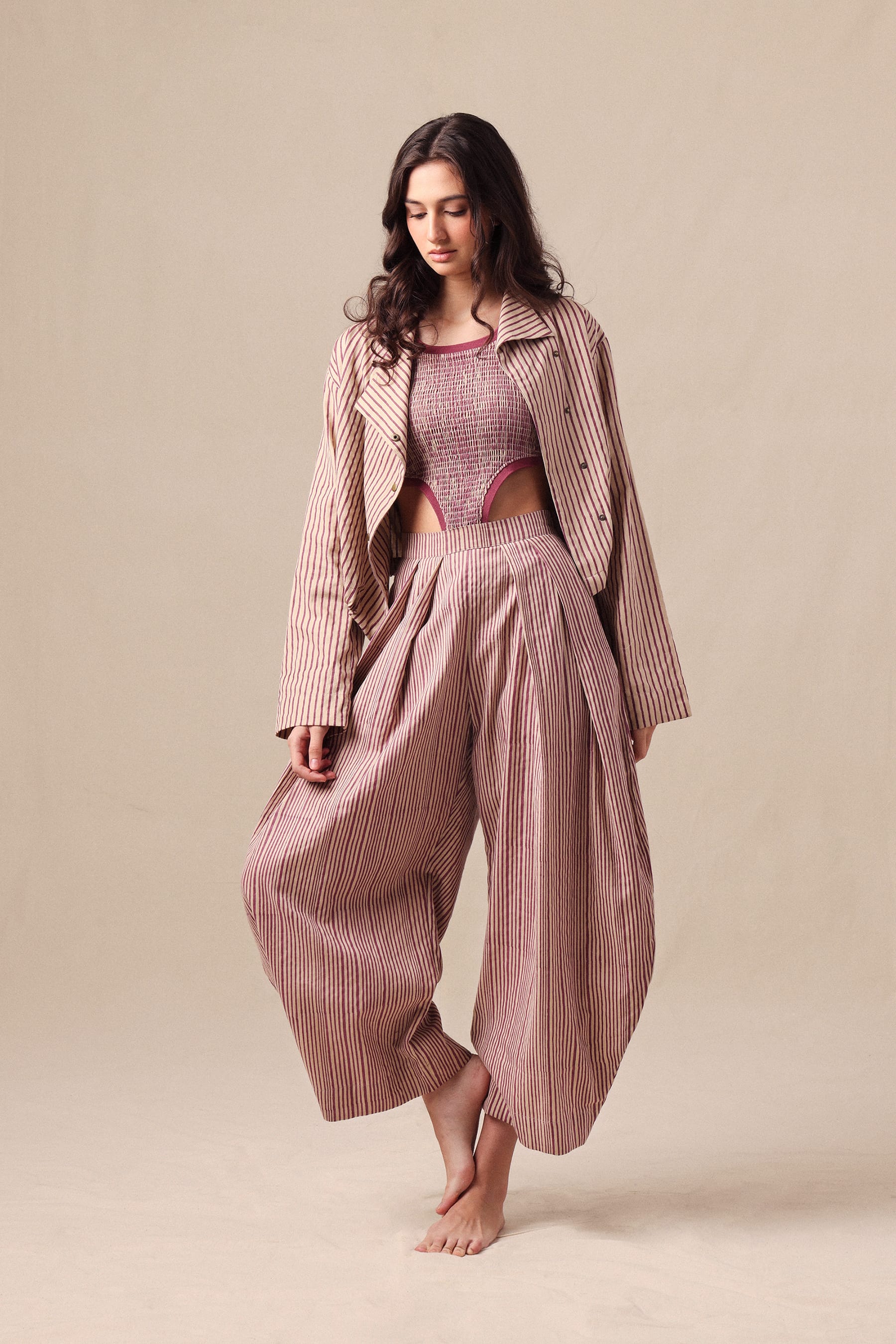 Mati Outfit Sets XS Mauve Striped Bodysuit Barrel Pants and Crop Jacket Co-Ord Set (3 PCS)