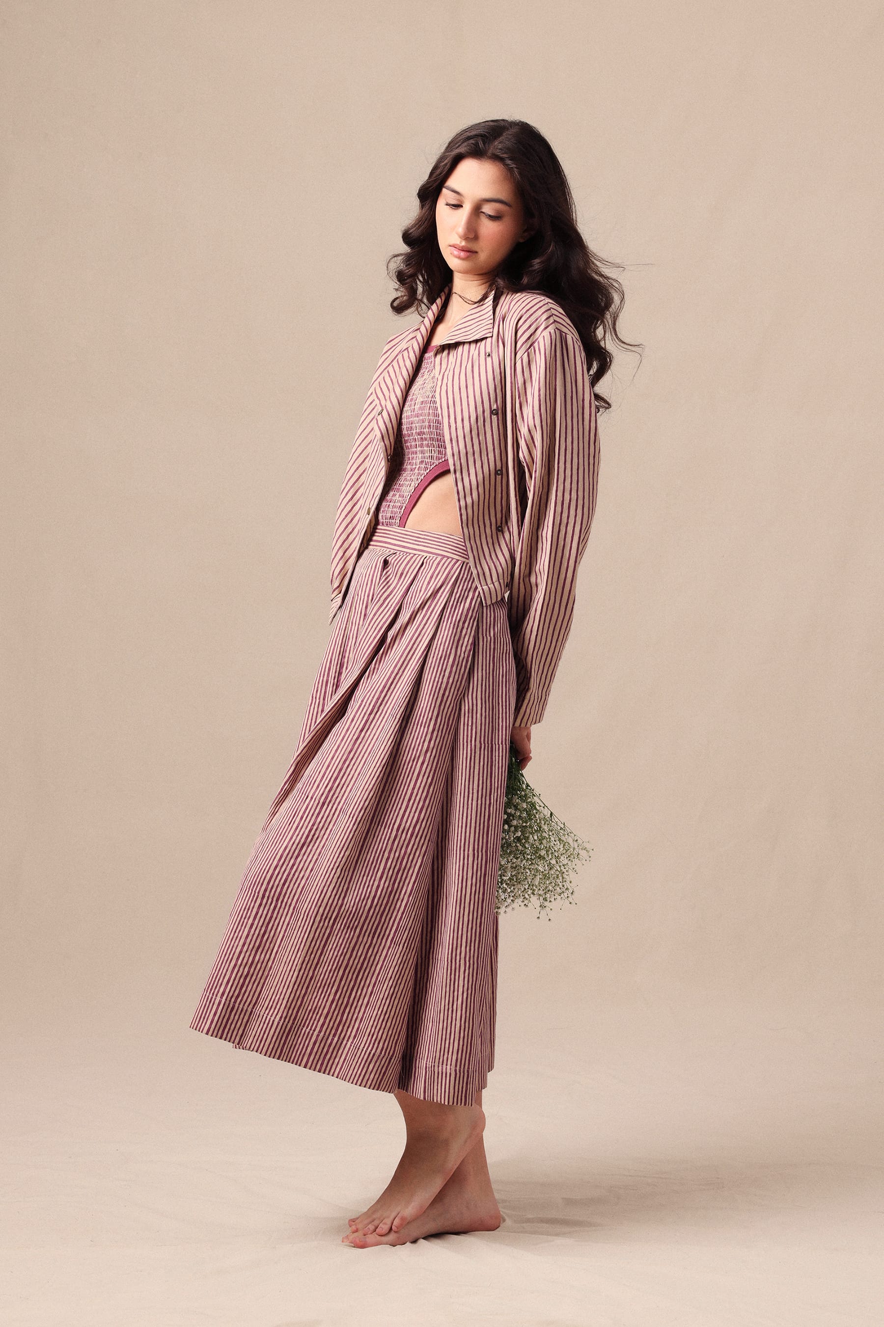 Mati Outfit Sets XS Mauve Striped Bodysuit Box Pleated Skirt and Crop Jacket Co-Ord Set (3 PCS)