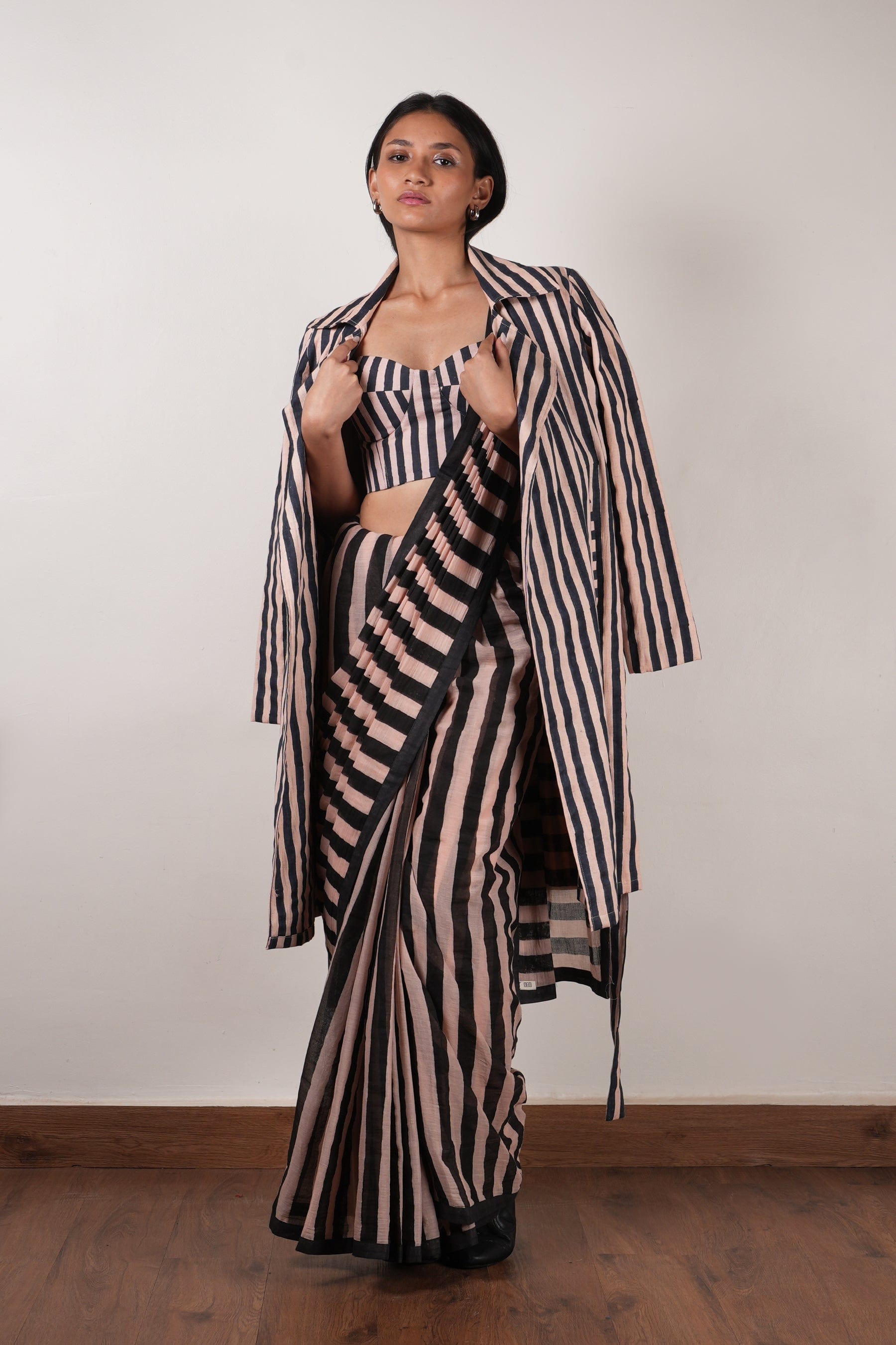 Mati Outfit Sets XS Pink with Charcoal Block Printed Corset, Saree & Trench Set (3 PCS)