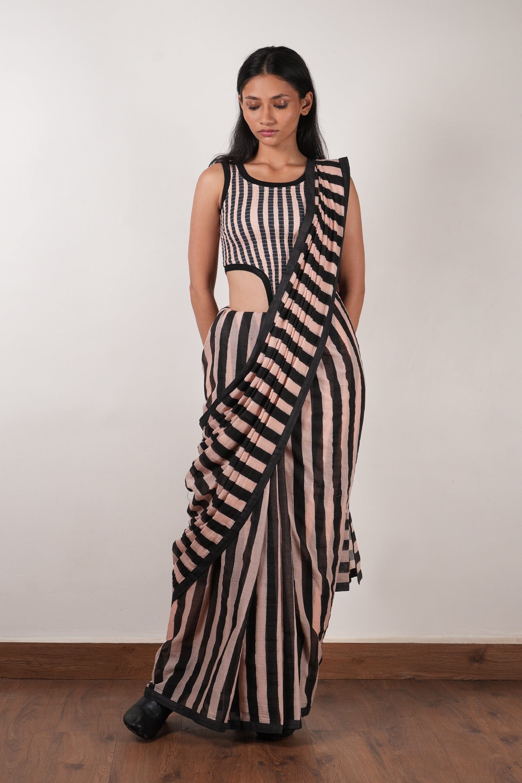 Mati Outfit Sets XS Pink with Charcoal Block Printed Smocked Bodysuit & Saree Set (2 PCS)