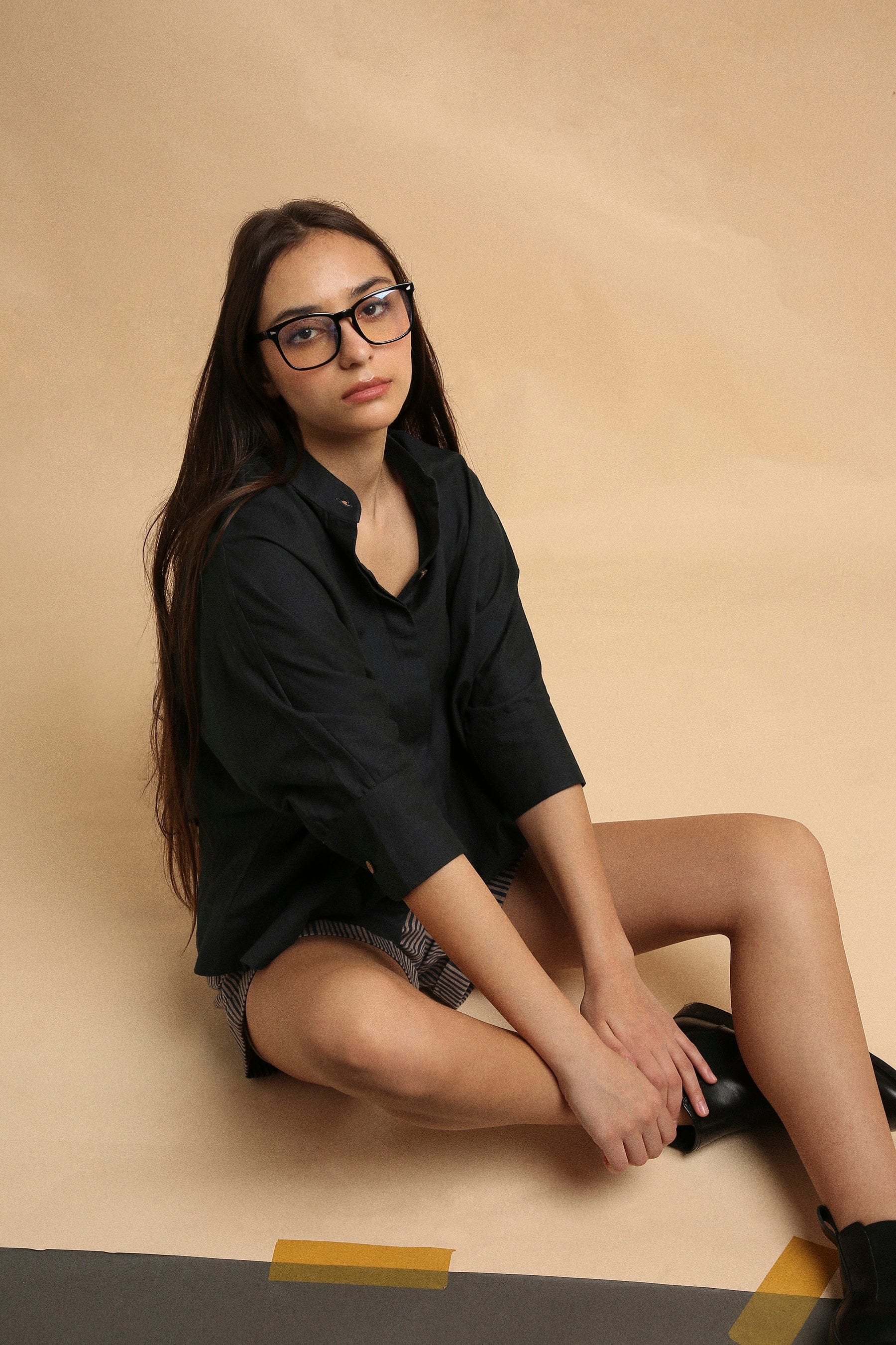 Handspun cotton oversized shirt in charcoal with mandarin collar and grey striped pleated shorts co-ord, by MATI India