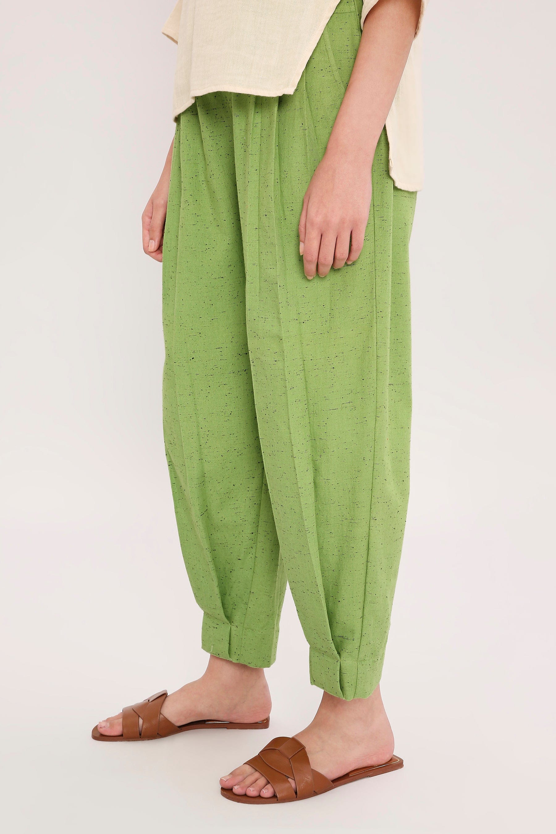 Mati Pants Green Textured Cotton Dotted Pants