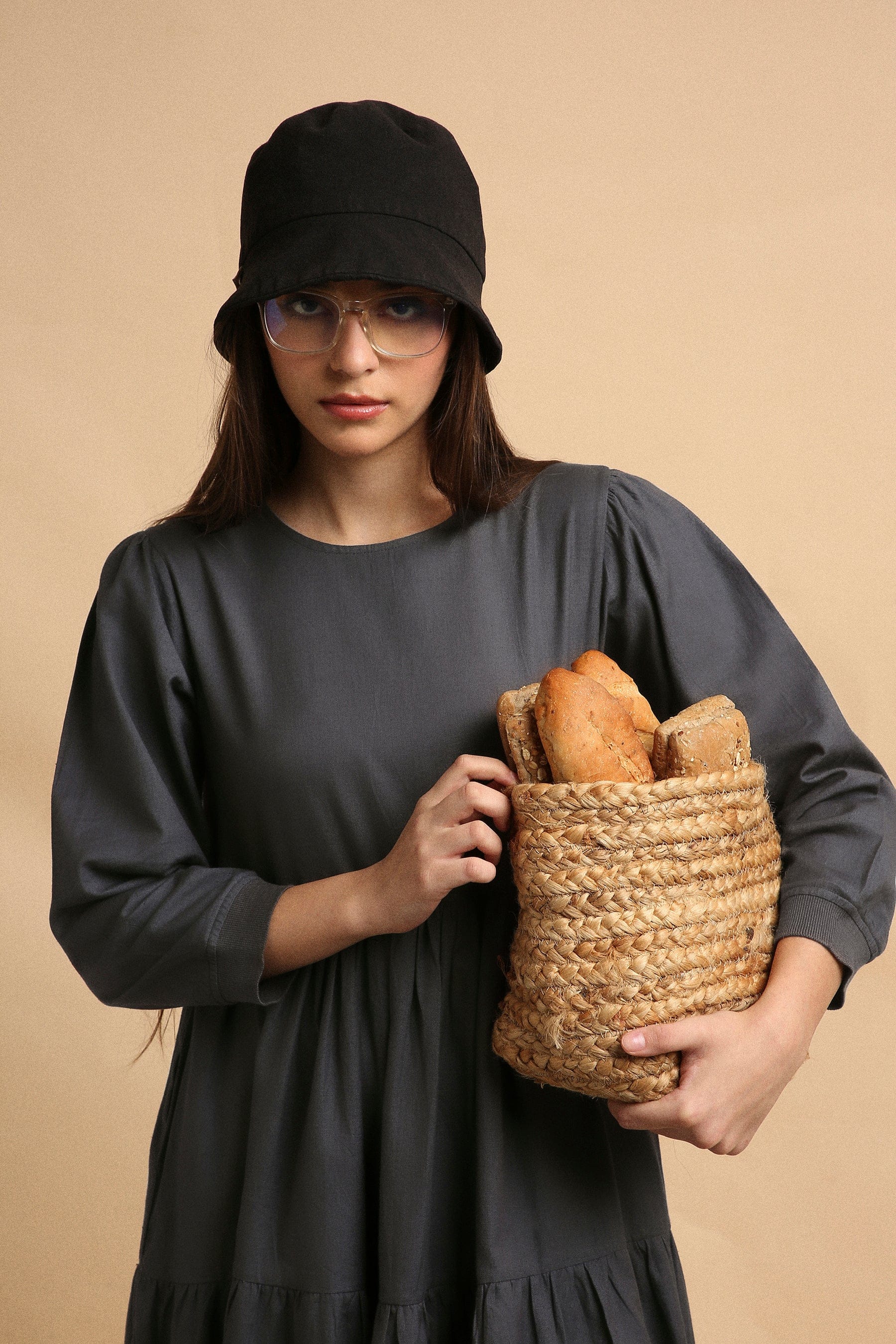 Handspun cotton tiered Vasara rib dress in ash gray with side pockets and wooden button opening, by MATI India