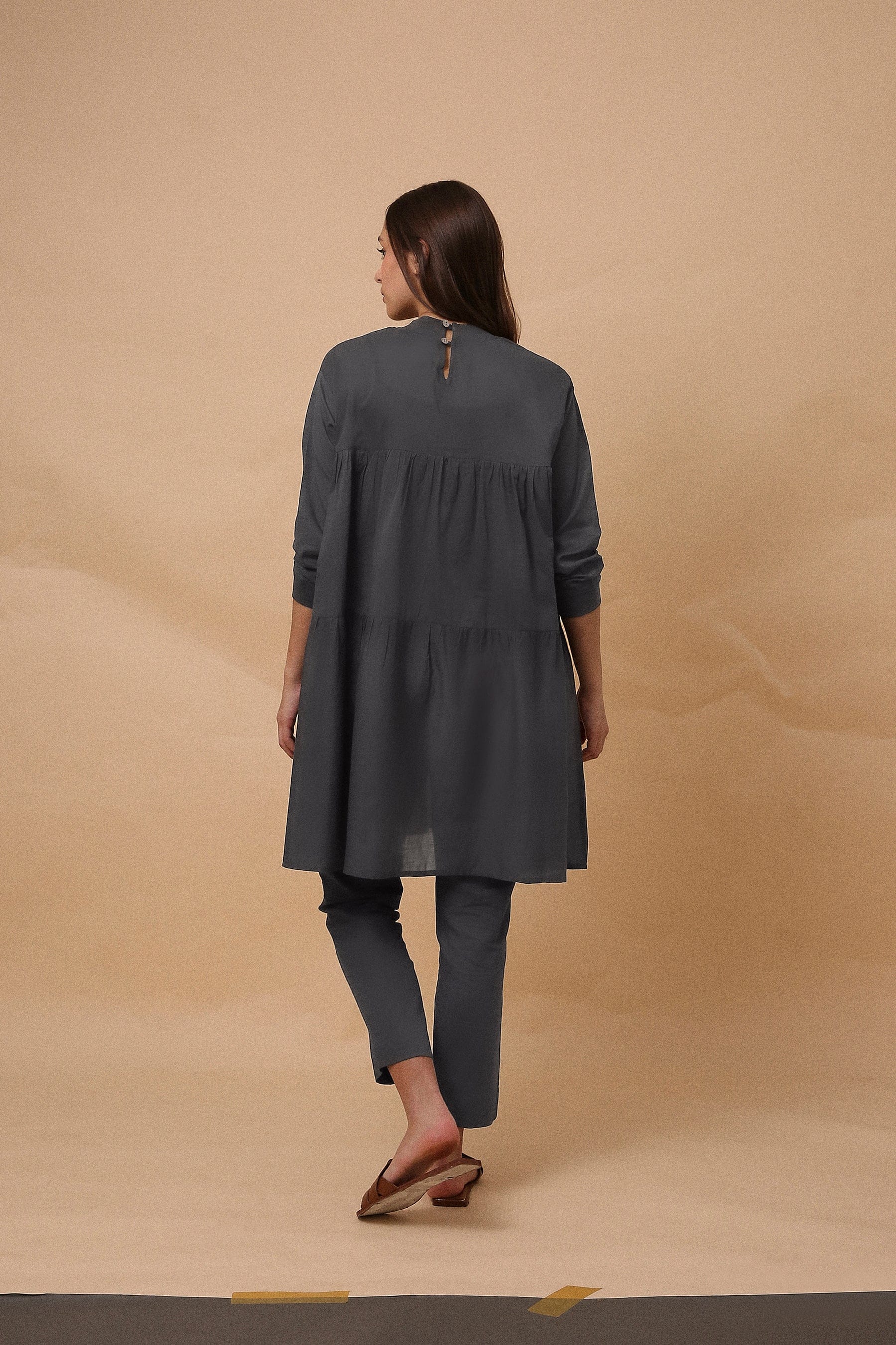 Handspun cotton mul oversized tunic co-ord set in ash grey with rib collar, camisole inner and narrow pants, by MATI India