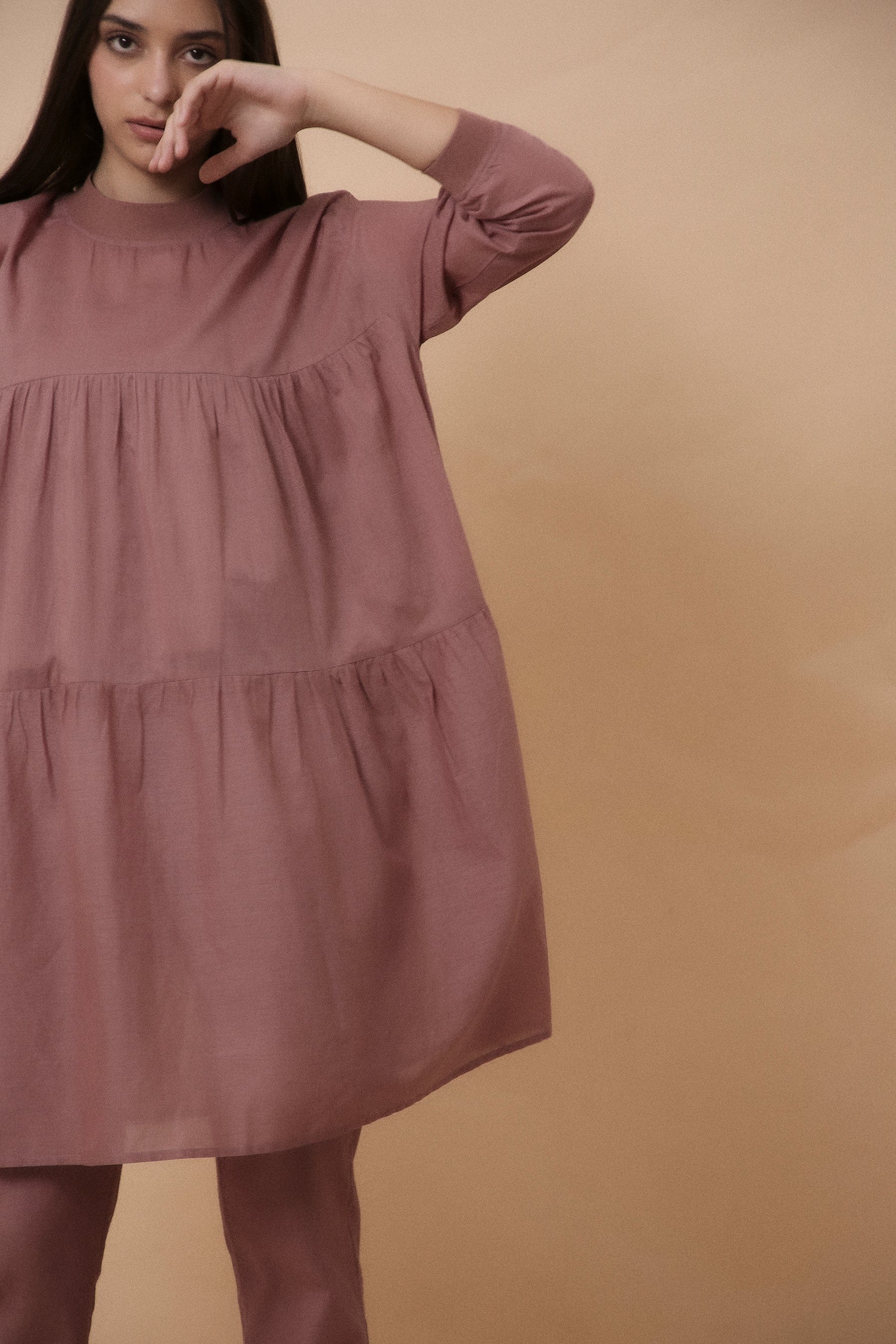 Handwoven cotton Rib Vena maxi dress co-ord set in blush with rib detailing, by MATI India