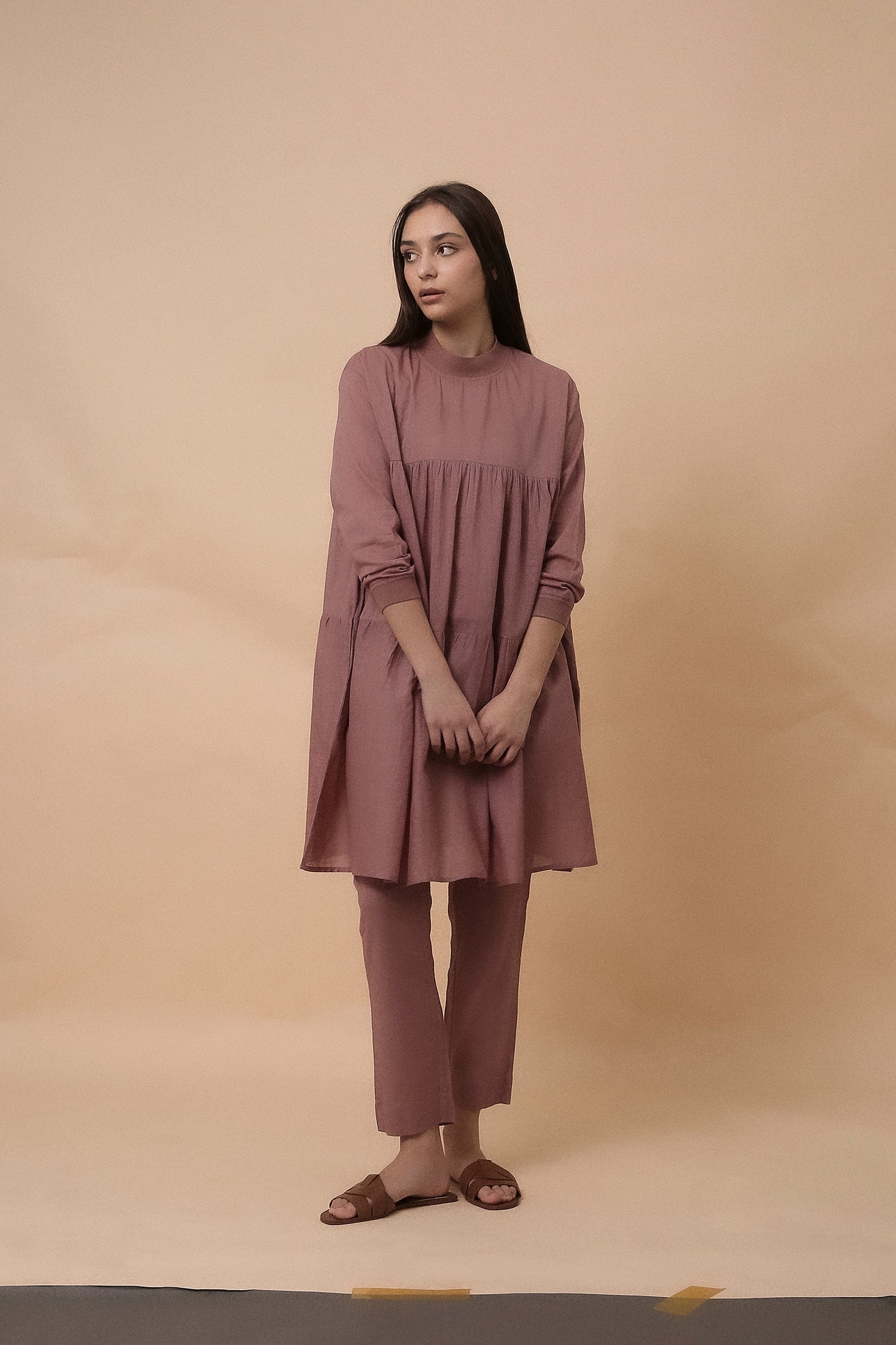 Handwoven cotton Rib Vena maxi dress co-ord set in blush with rib detailing, by MATI India