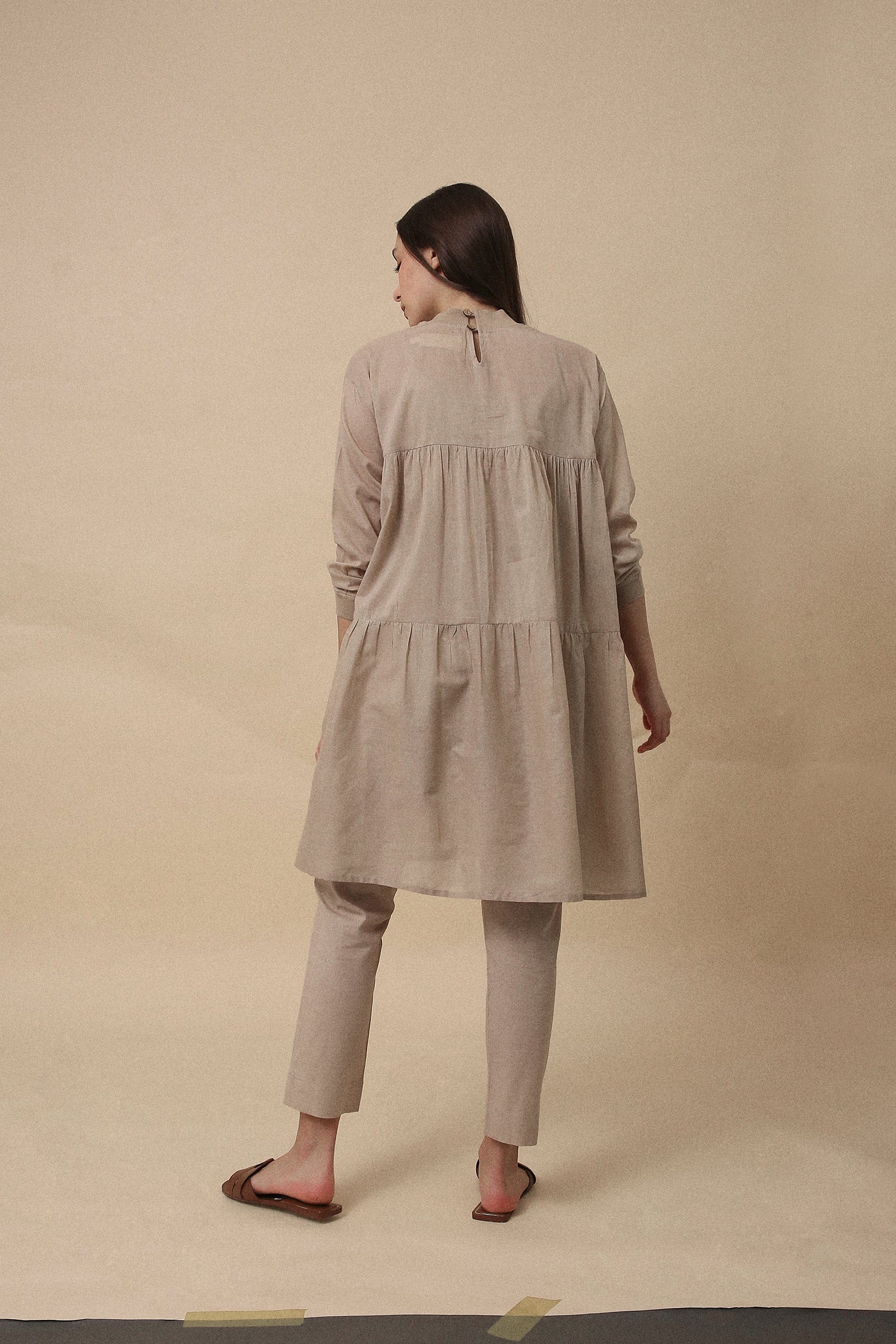 Handspun cotton mul oversized tunic co-ord set in sand with rib collar, camisole inner and narrow pants, by MATI India