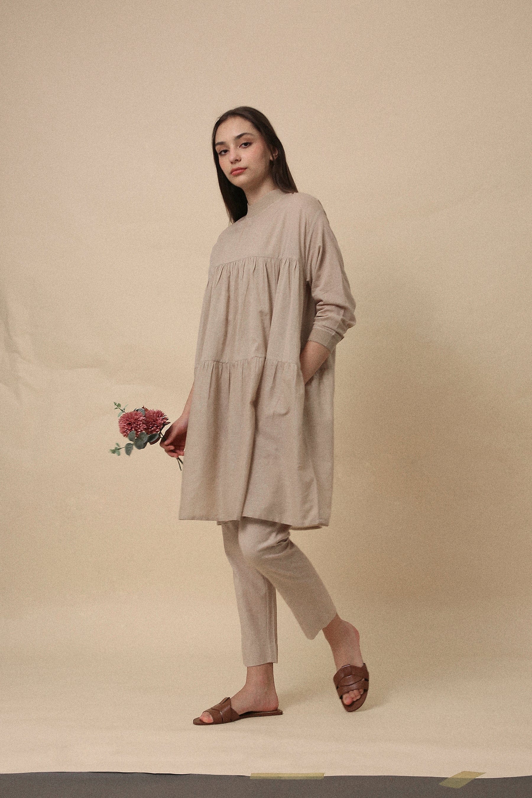 Handspun cotton mul oversized tunic co-ord set in sand with rib collar, camisole inner and narrow pants, by MATI India