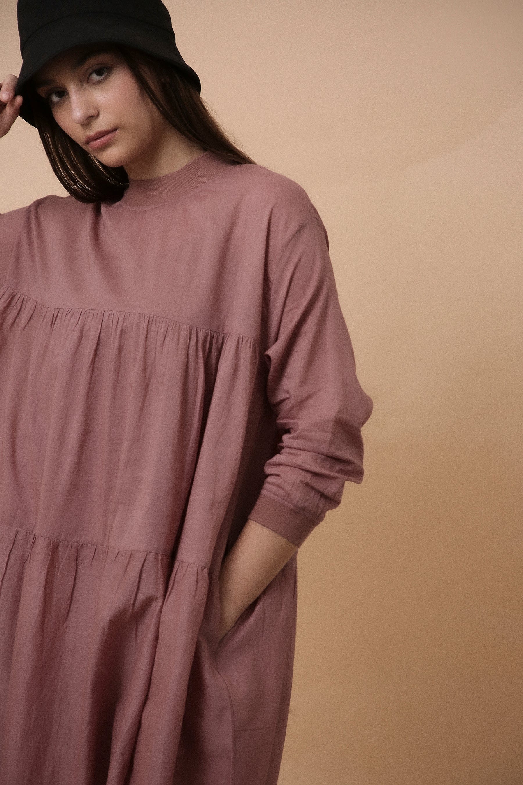 Handwoven cotton tiered rib vena dress in blush by Mati India
