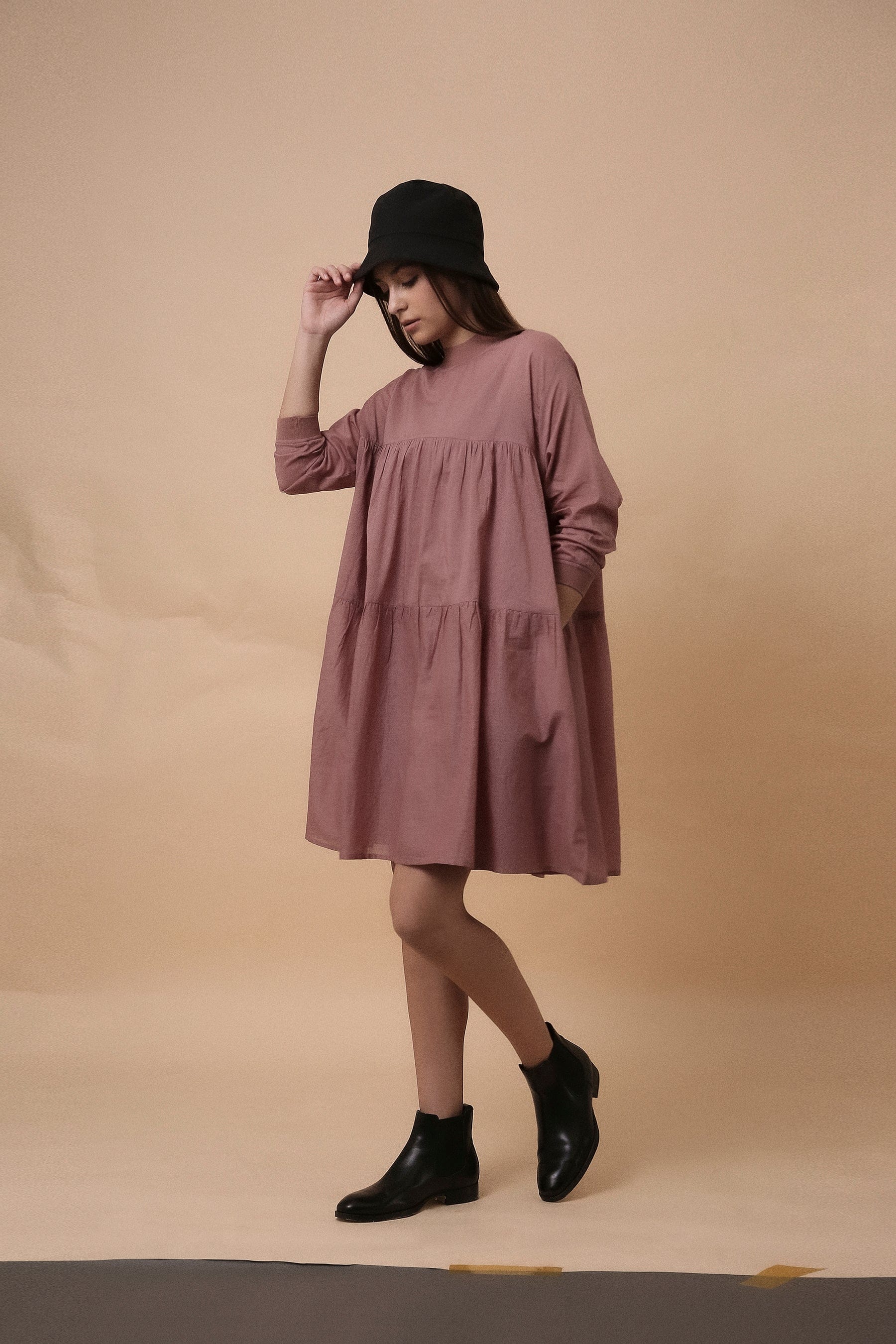 Handwoven cotton tiered rib vena dress in blush by Mati India