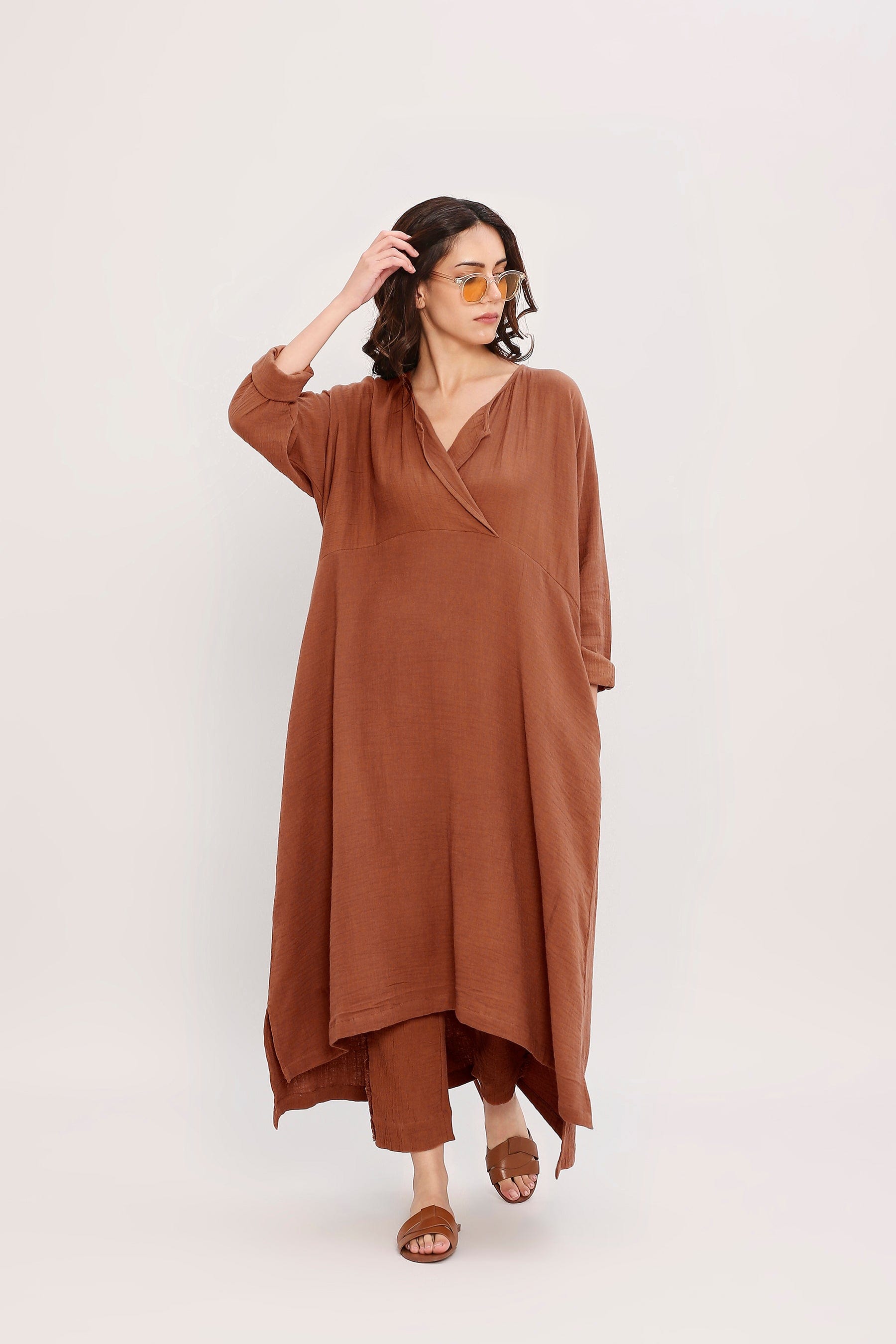 Mati Rust Brown Handwoven Cotton Kaftan Tunic Set Front Full-Length View