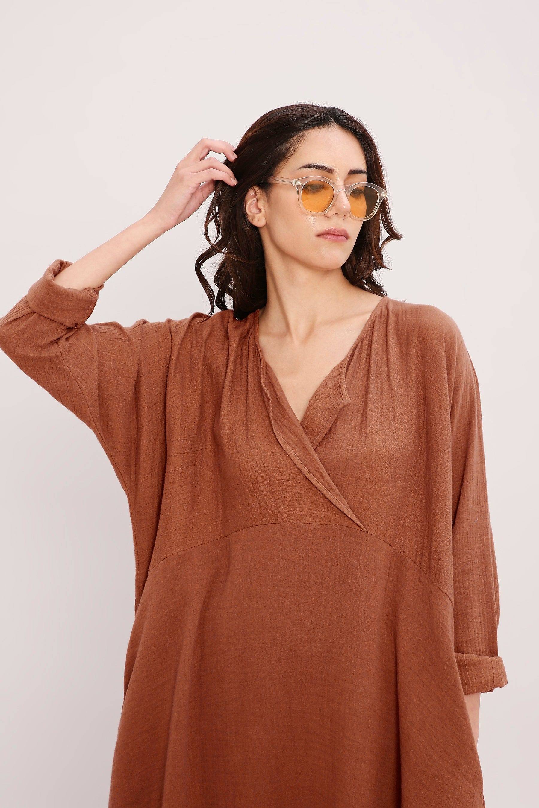 Mati Rust Brown Handwoven Cotton Kaftan Tunic – Wrap V-Neck Collar and Fabric Texture Close-Up
