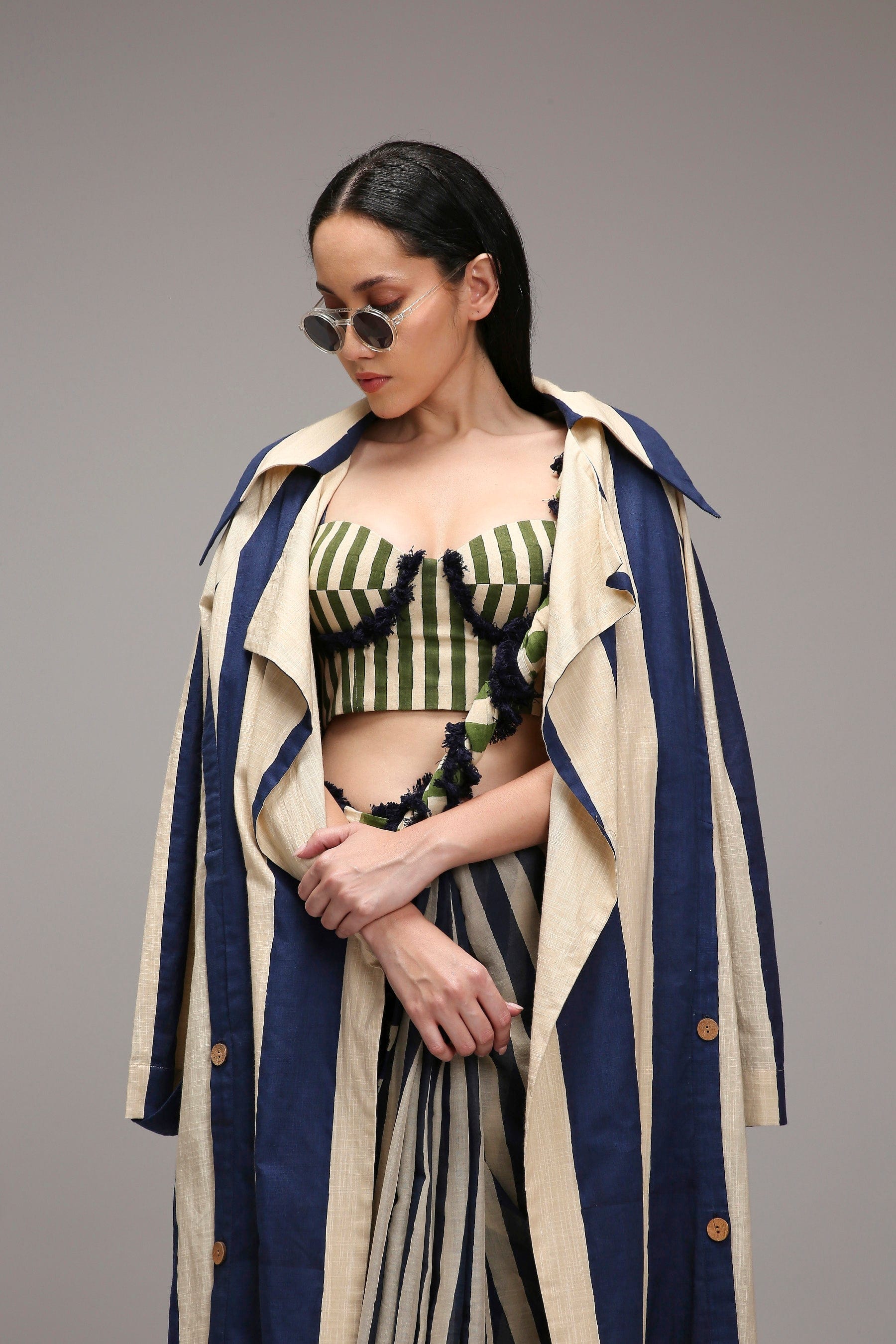 Mati SAREE Egg-Shell Corset with Trench & Dual Striped Saree Set (3 PCS)