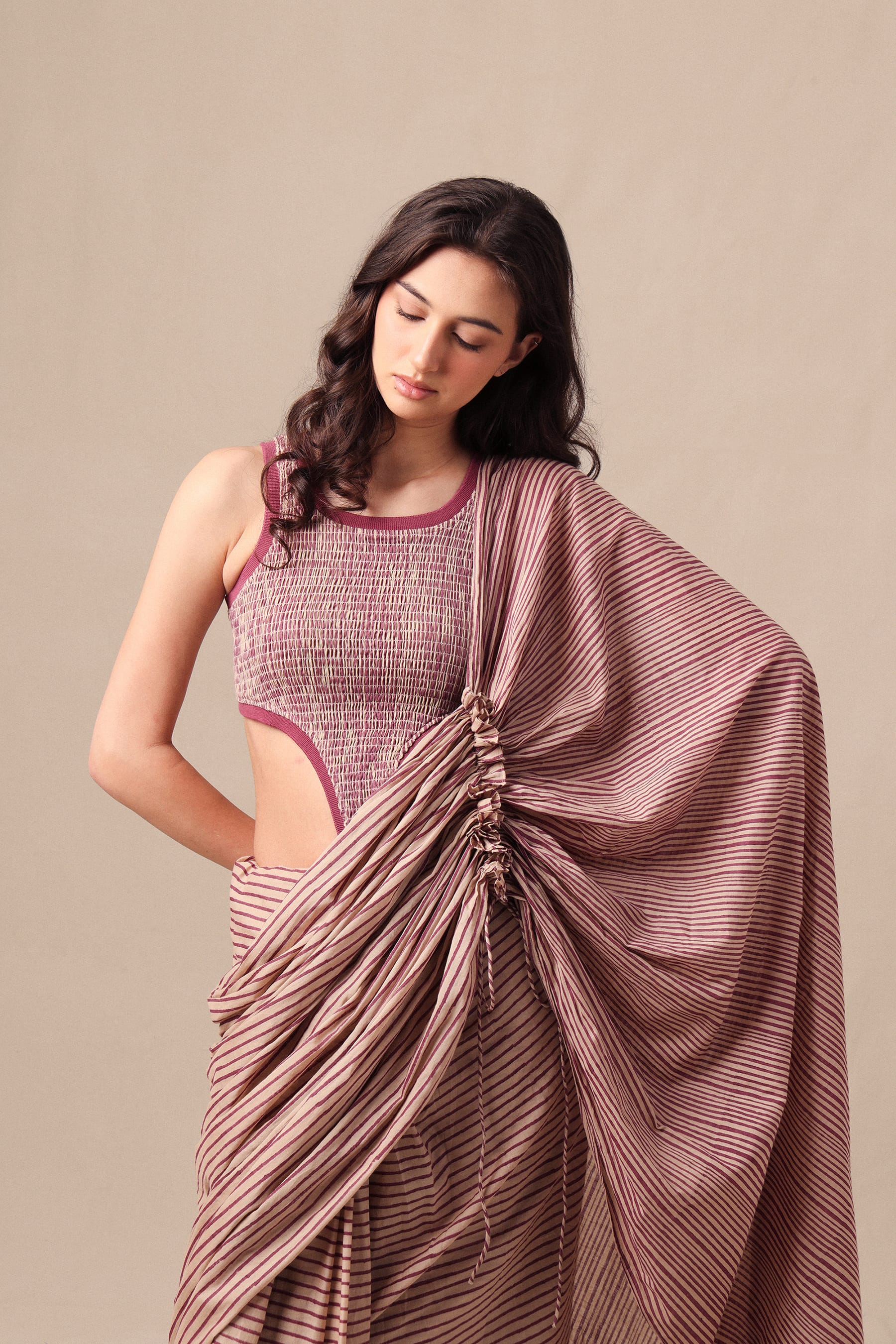 Mati SAREE Mauve Striped Drawstring Mul Saree