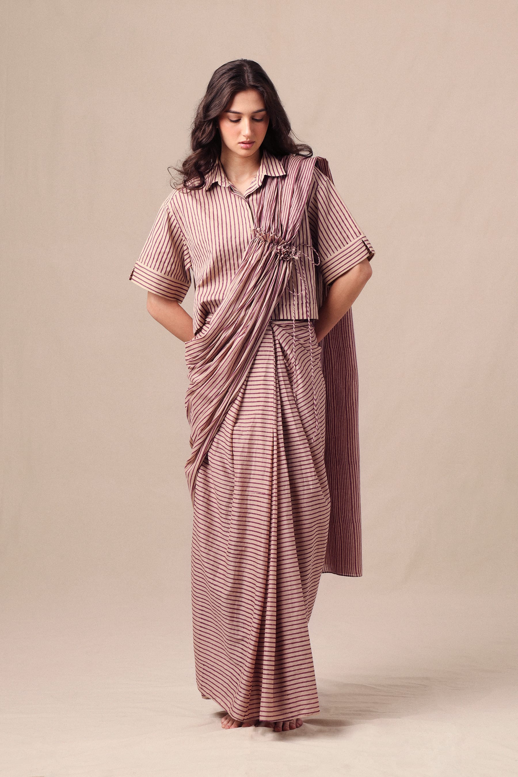 Mati SAREE Mauve Striped Ekin Shirt & Drawstring Mul Saree Set (2 PCS)