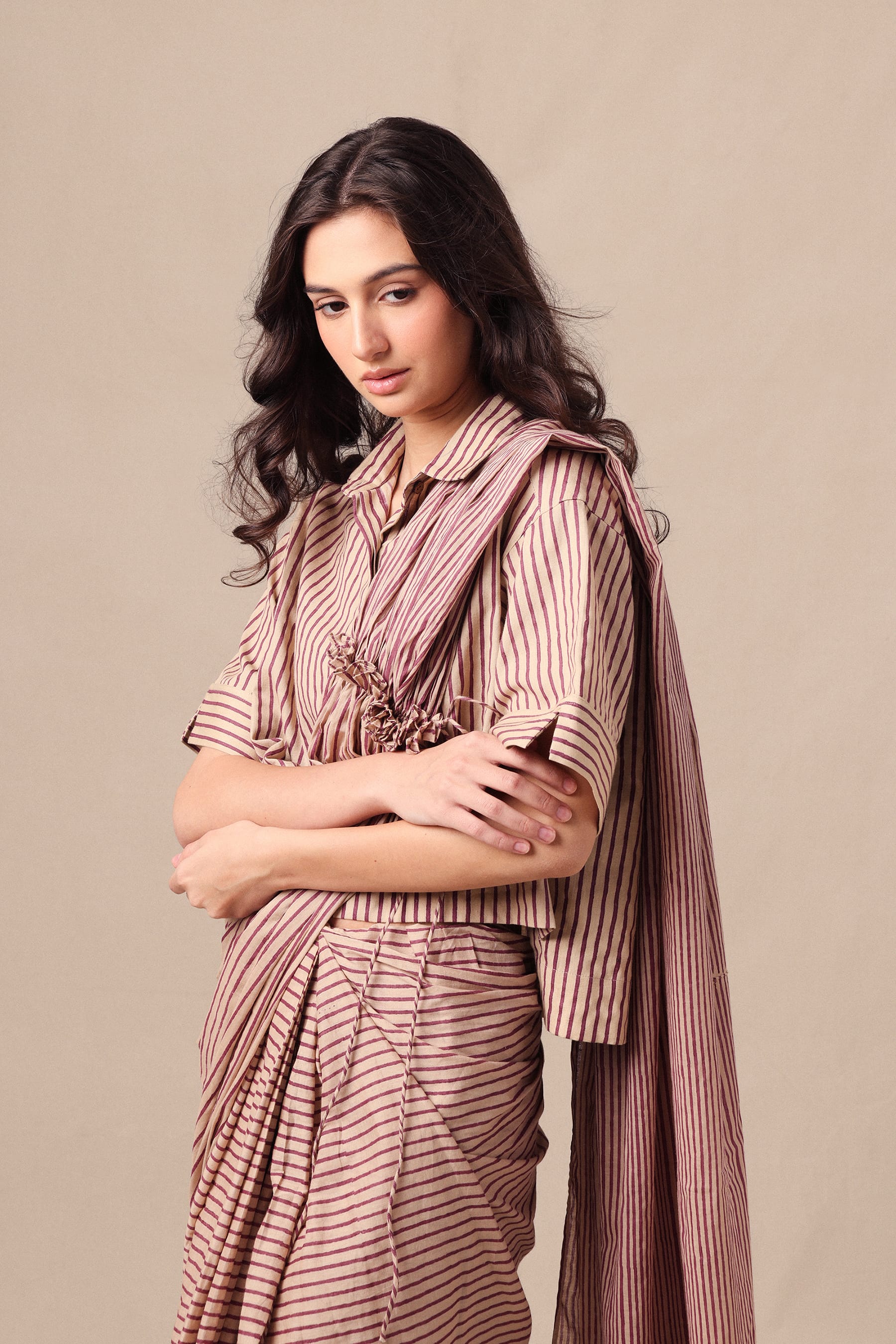 Mati SAREE Mauve Striped Ekin Shirt & Drawstring Mul Saree Set (2 PCS)