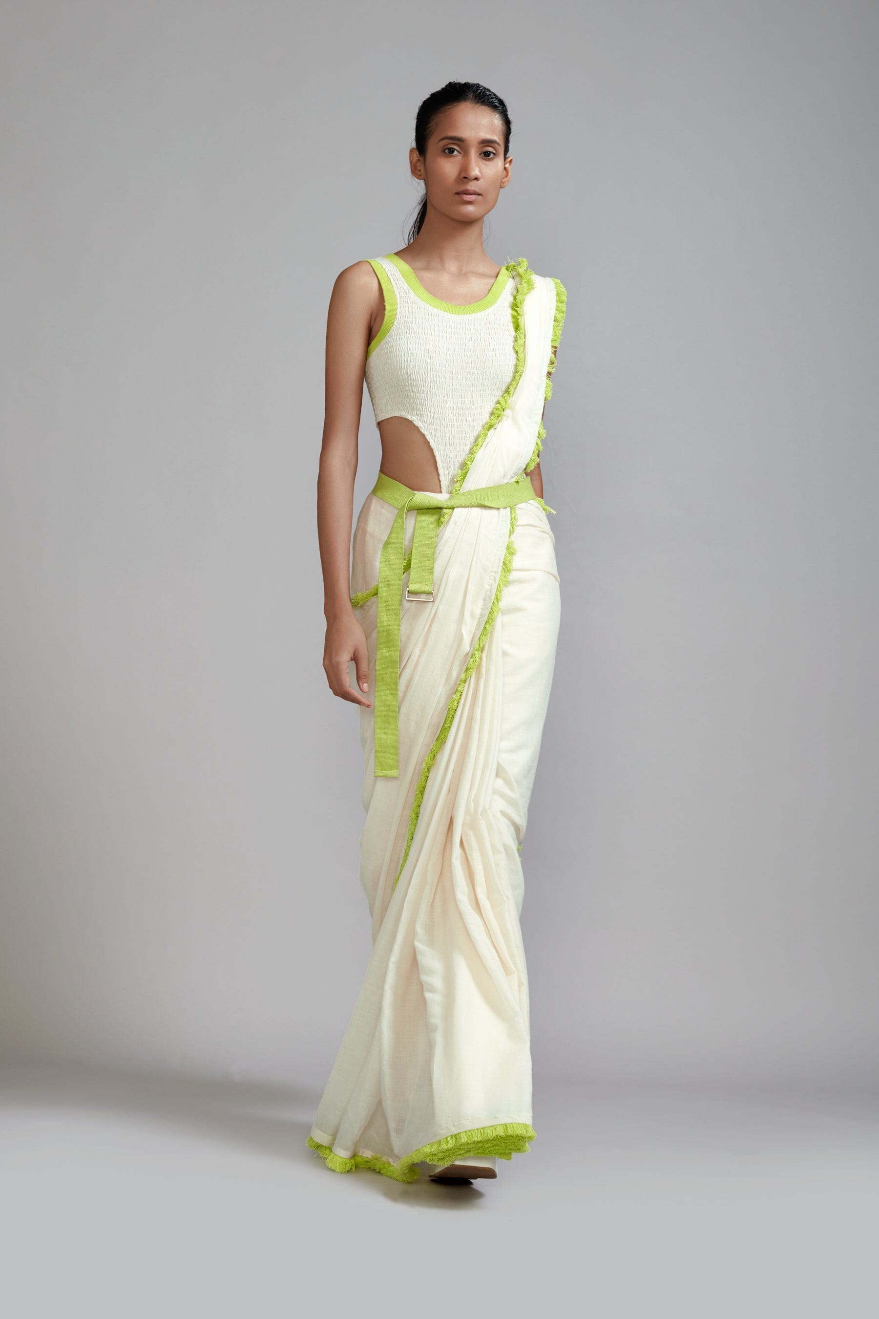 Mati SAREE Off-White with Neon Green Fringed Saree