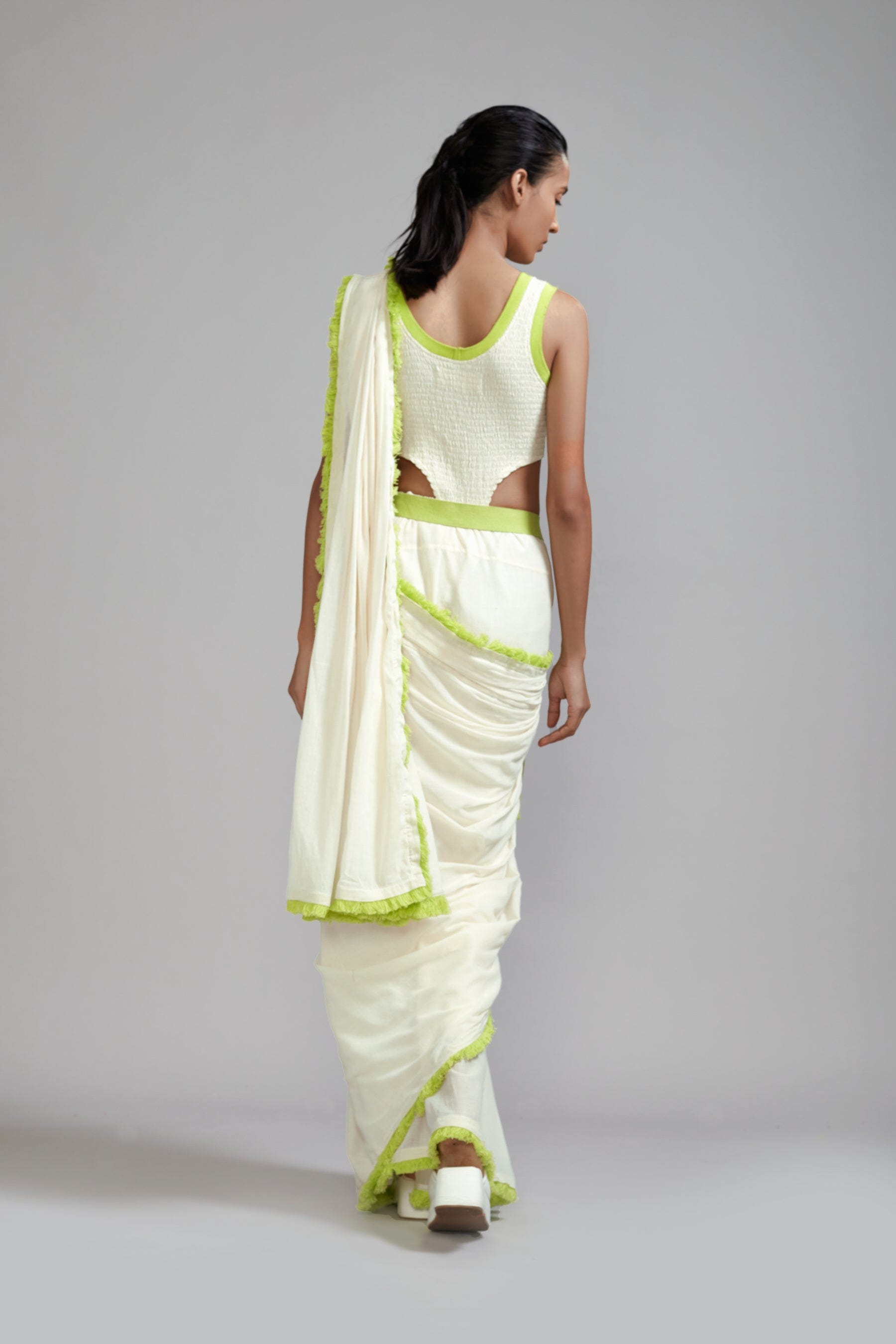 Mati SAREE Off-White with Neon Green Fringed Saree