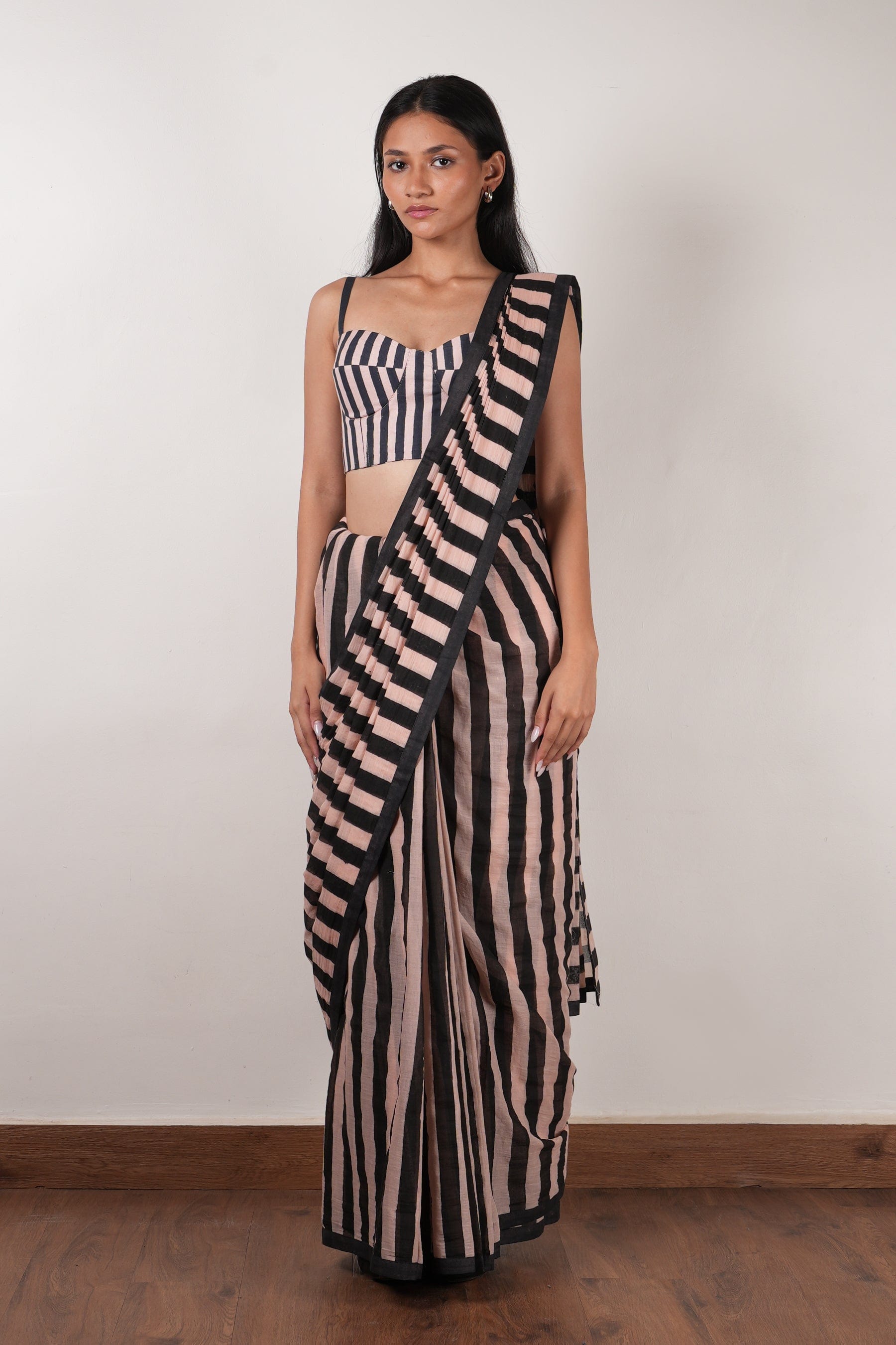 Mati SAREE Pink with Charcoal Block Printed Saree