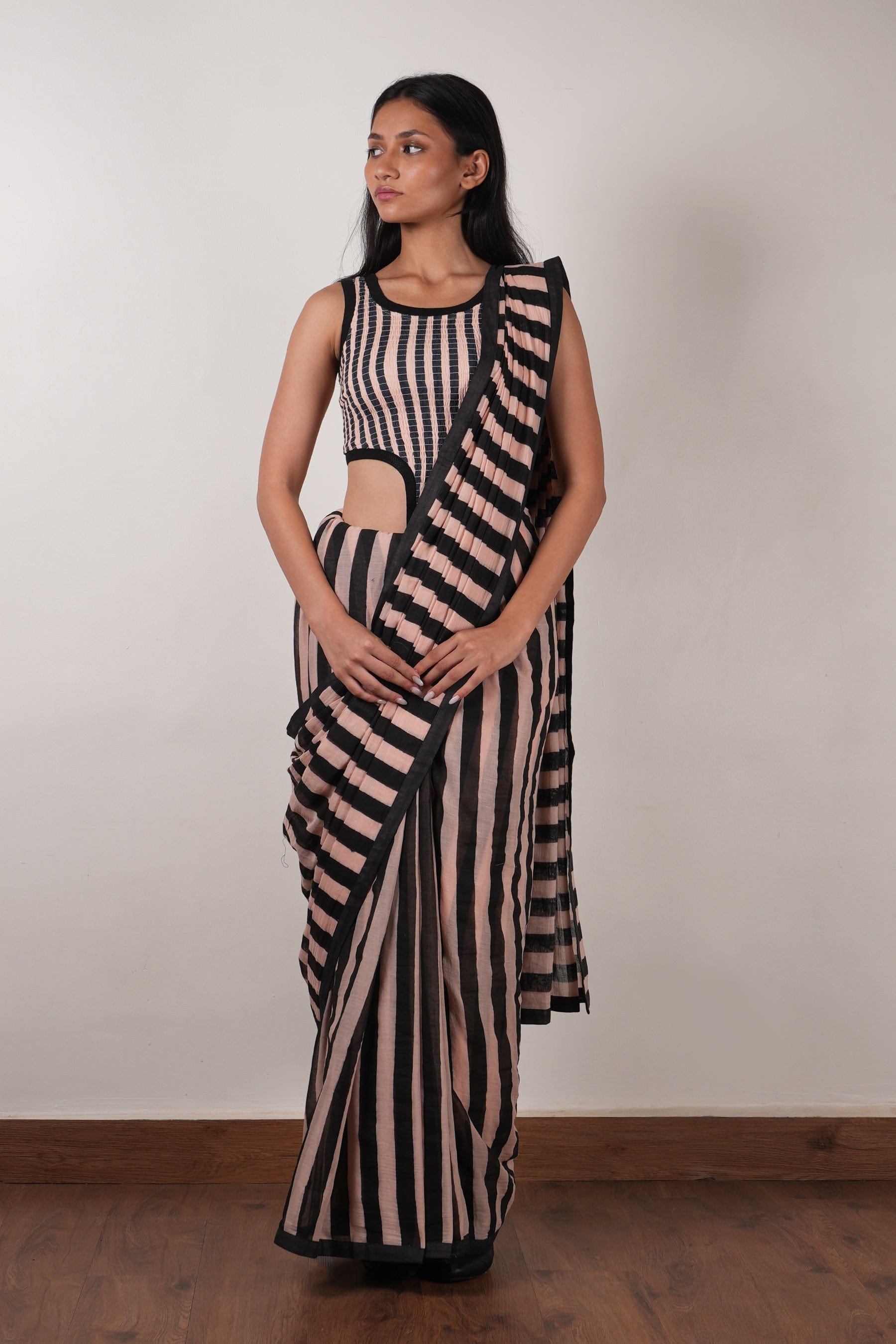 Mati SAREE Pink with Charcoal Block Printed Saree