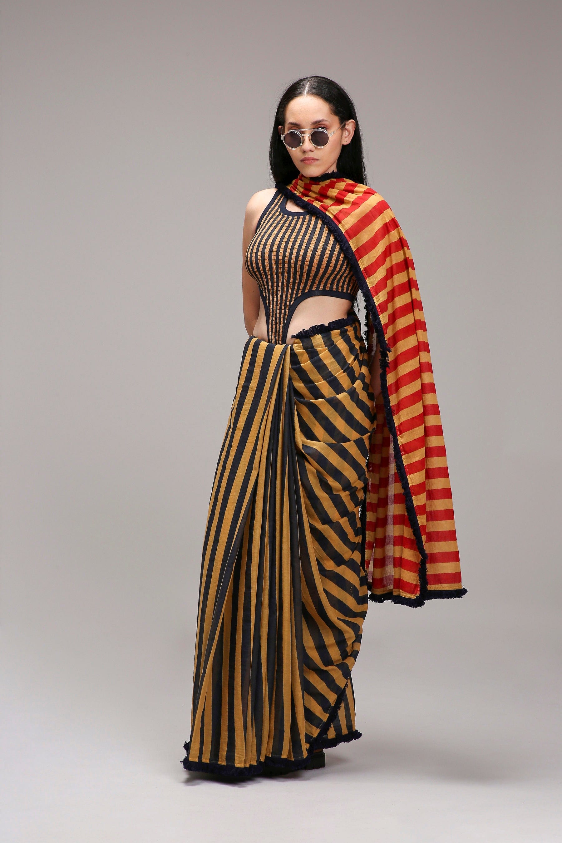 Mati SAREE Tan-Brown Blue Red Dual Striped Saree