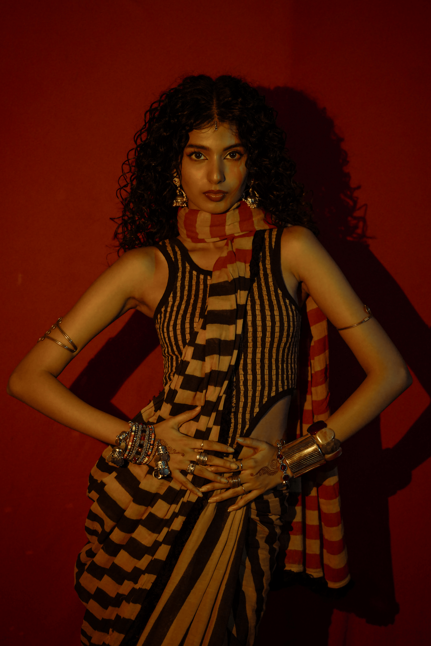 Mati SAREE Tan-Brown Bodysuit & Dual Striped Saree Set (2 PCS)