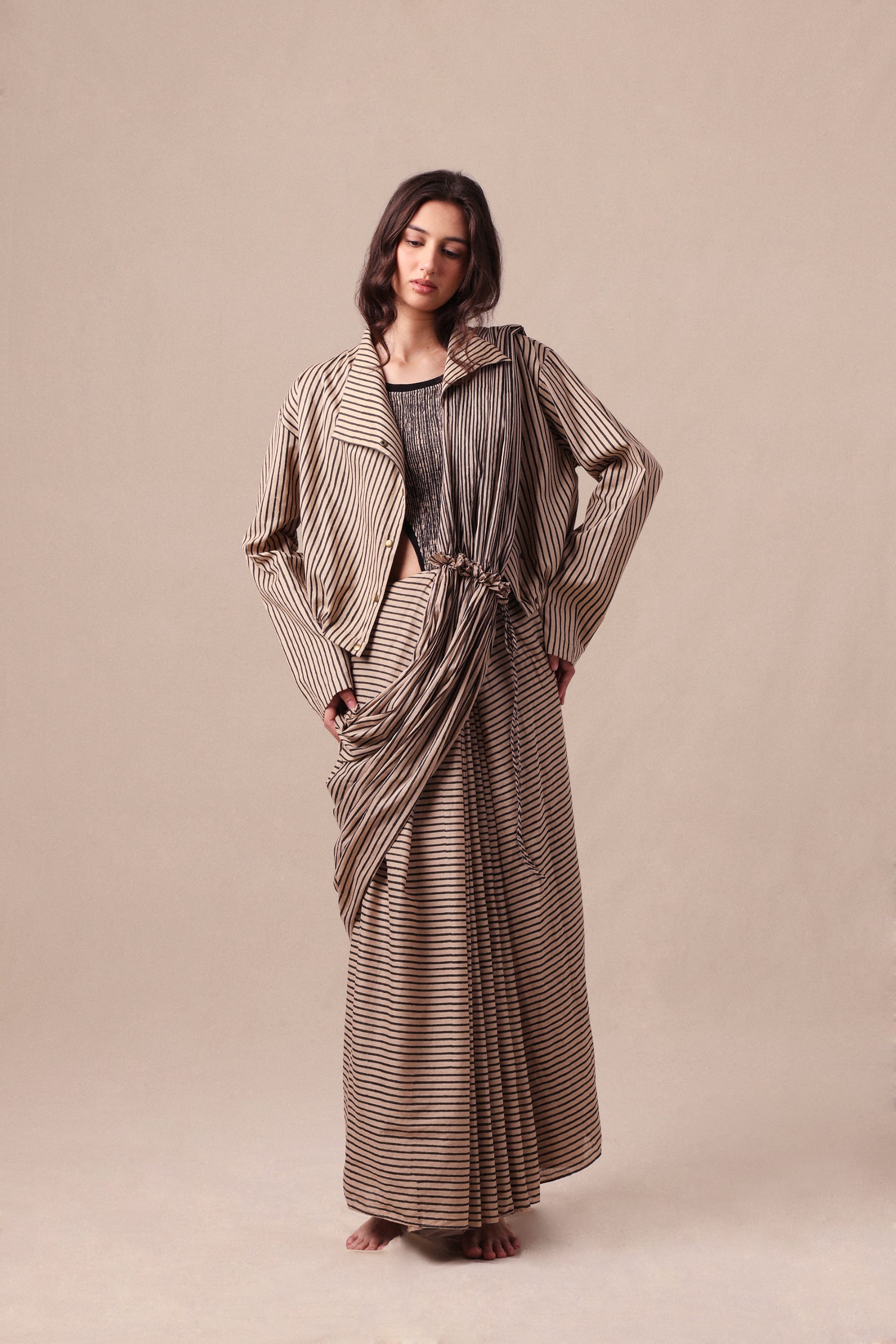 Mati SAREE XS Charcoal Striped Bodysuit Crop Jacket & Drawstring Mul Saree Set (3 PCS)