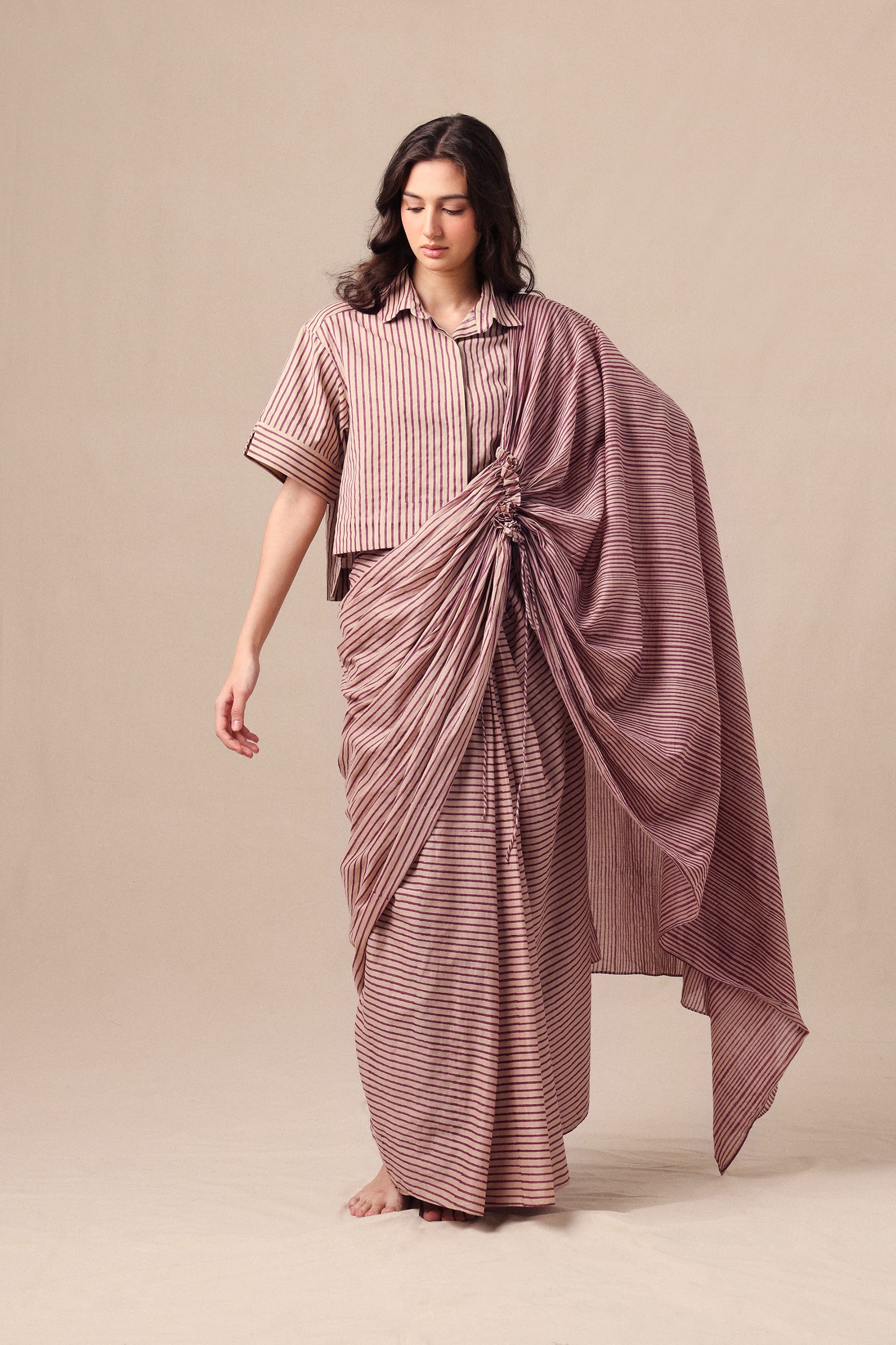 Mati SAREE XS Mauve Striped Ekin Shirt & Drawstring Mul Saree Set (2 PCS)