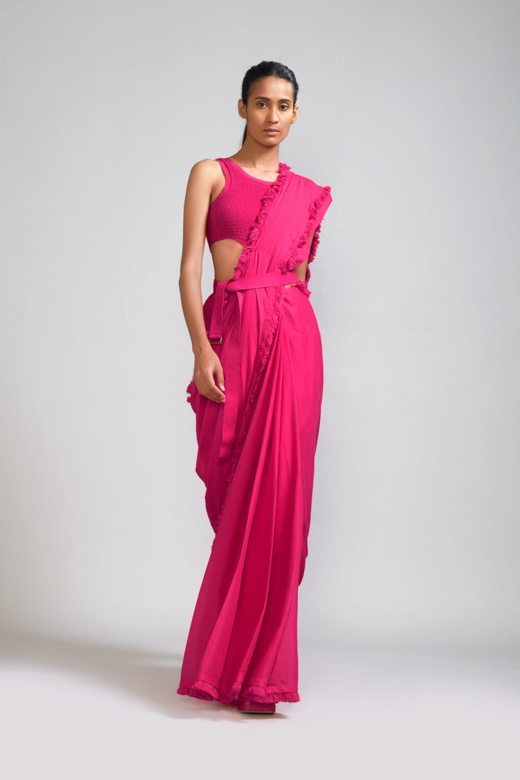 Mati Separates XS Pink Fringed Saree & Smocked Bodysuit Set (2 PCS)