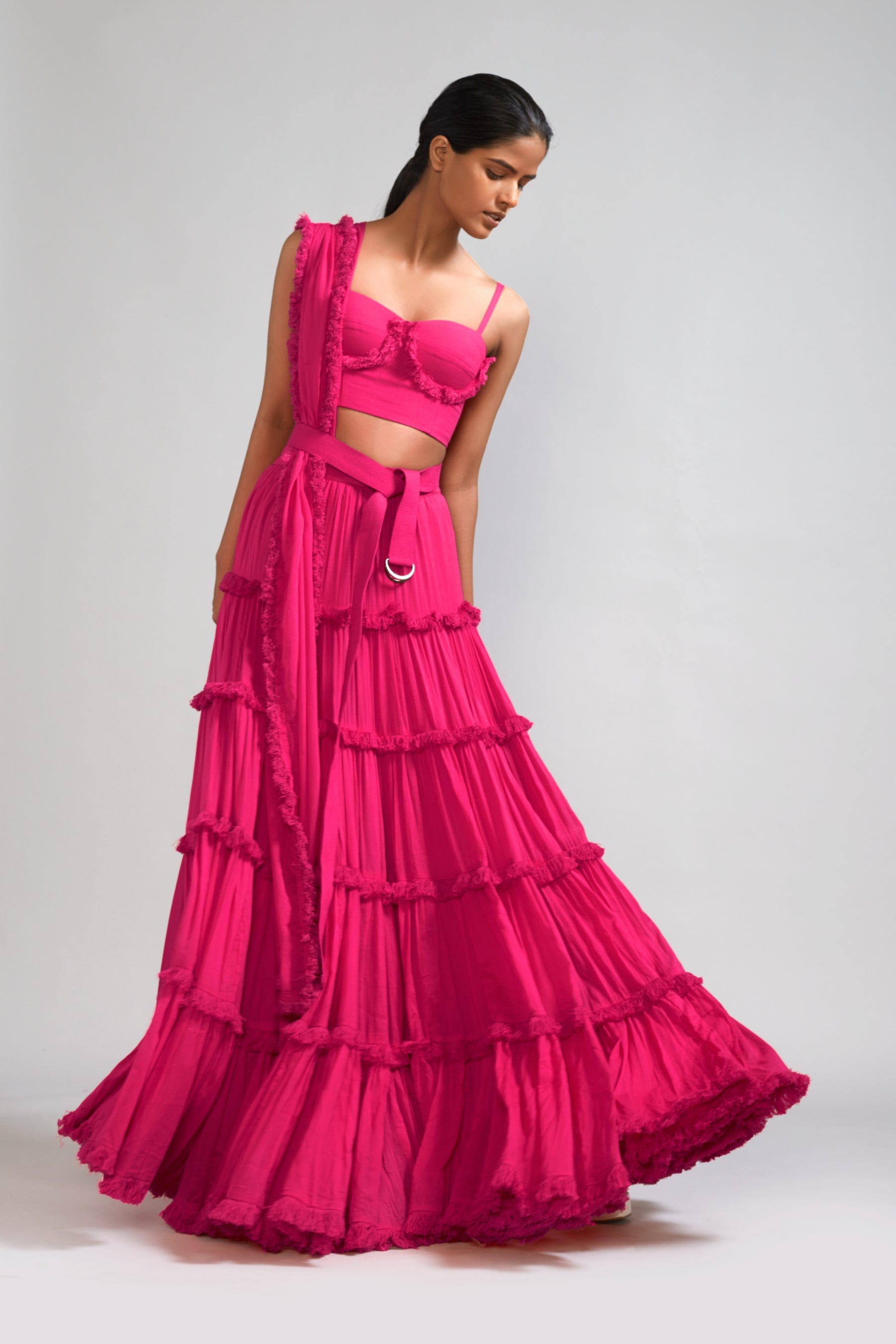 Mati sets Pink Fringed Tiered Lehenga Set (3 PCS)