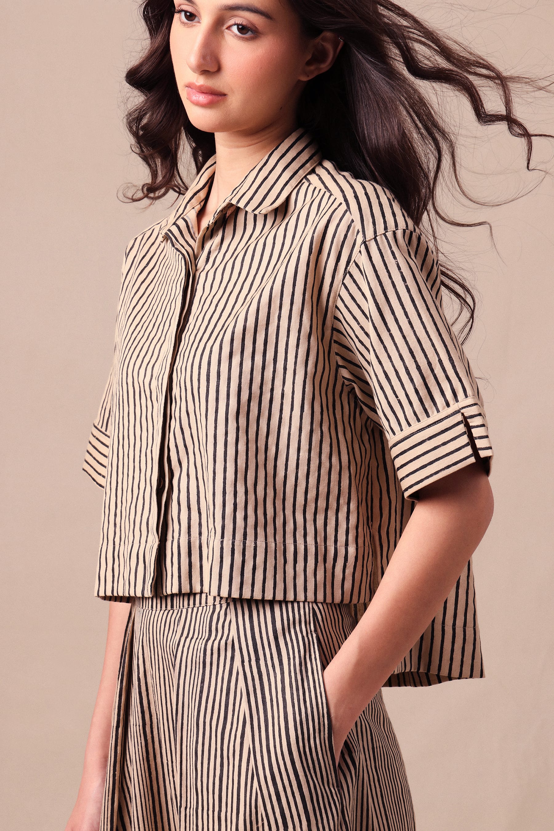 Mati Shirts & Tops Charcoal Striped Ekin Crop Shirt