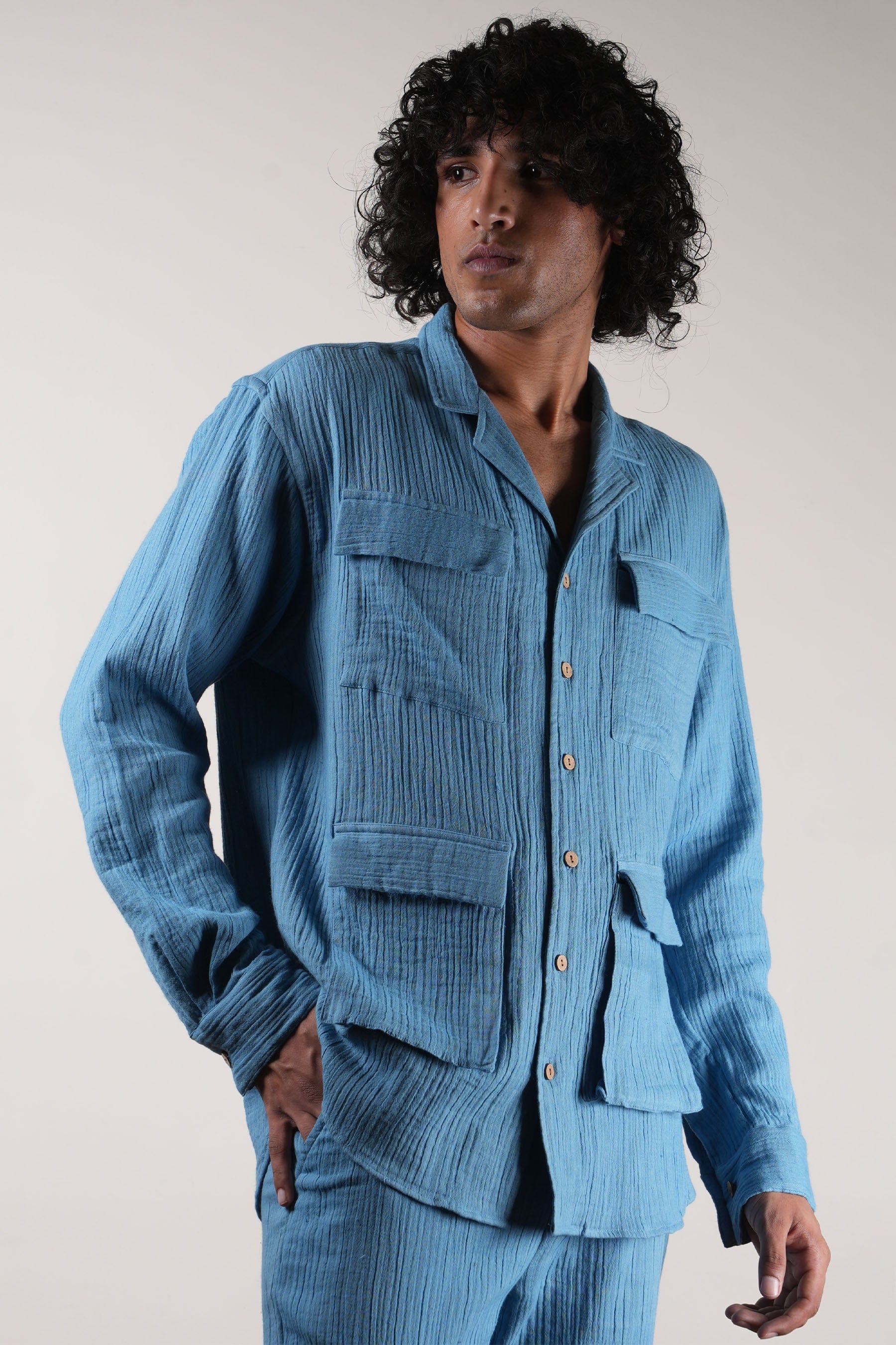 Mati Shirts & Tops S Men's Pocket Crush Cotton Blue Shirt