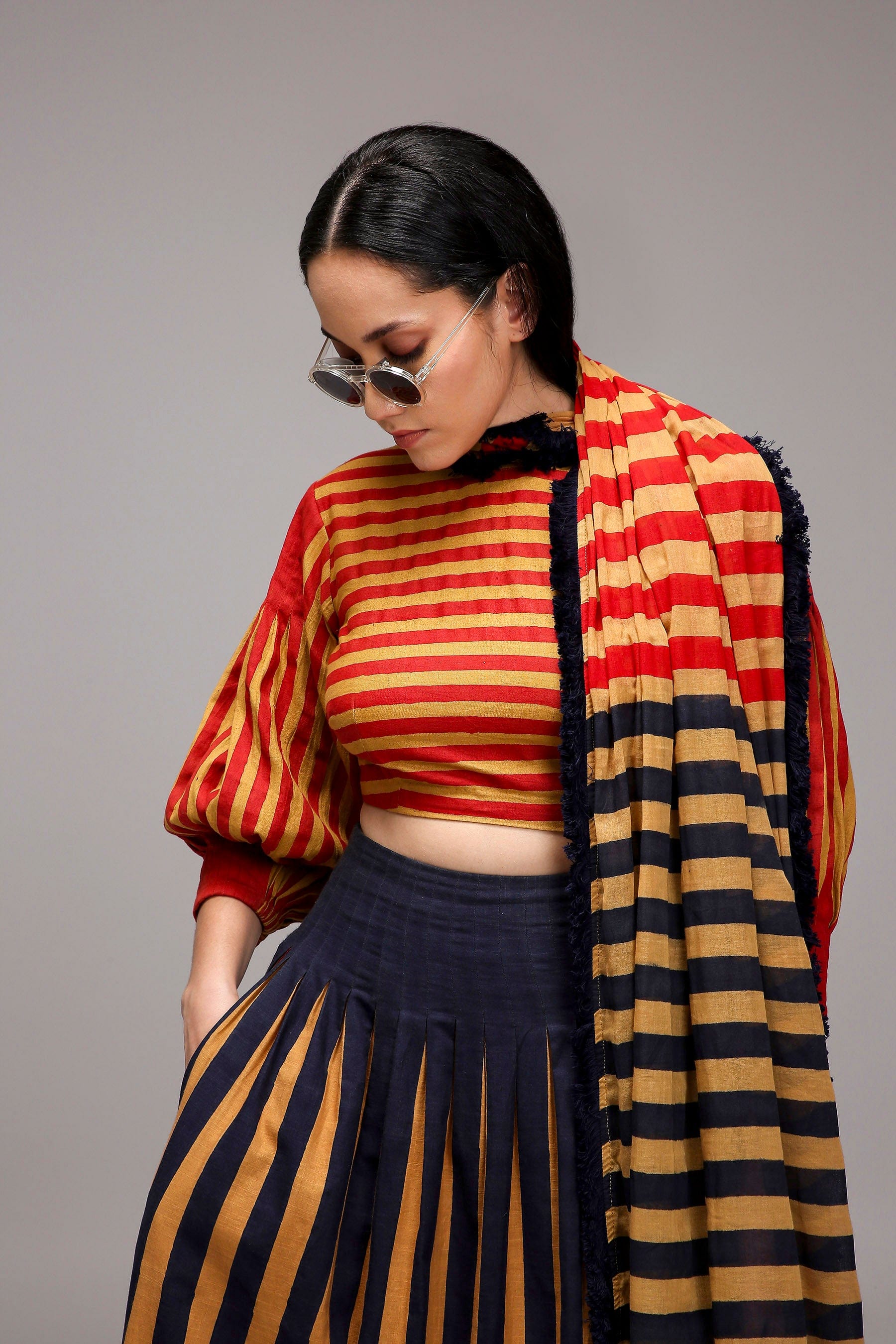 Mati Shirts & Tops Tan-Brown Red Striped Crop Top